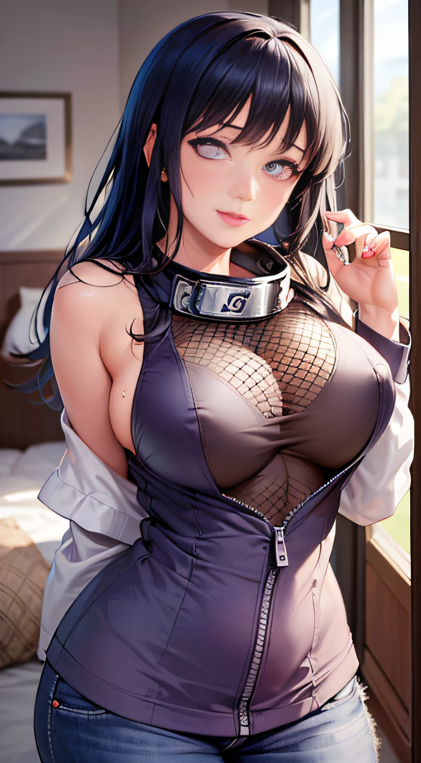 Masterpiece, highres, high Quality, detailed face, detailed body render, 1girl, solo, hyuuga hinata, hinata-sleeveless-outfit, large breasts, big breast, sleeveless shirt, fishnet top, dark lips, unzipped jacket, no bra, breasts out, nipple, standing, blushes, (on bedroom)