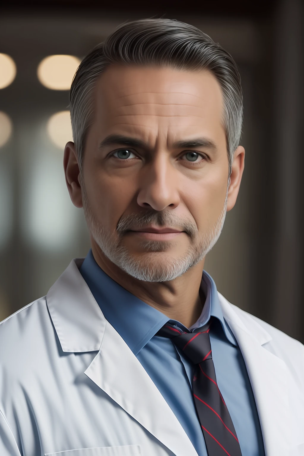 Um homem sentado em uma mesa, Doctor with 30 years in white coat and tie, Body and straight head in the photo, DSRL, de frente para o espectador da foto, Marcos de Olhos para a frente, Appears shoulders and head in the photo, 8k, melhor qualidade, obra prima, realista, Foto realista, foto de cinema, Ultra realista, 1 pessoa, detalhado, perfect lighting, foto profissional, --Auto --s2