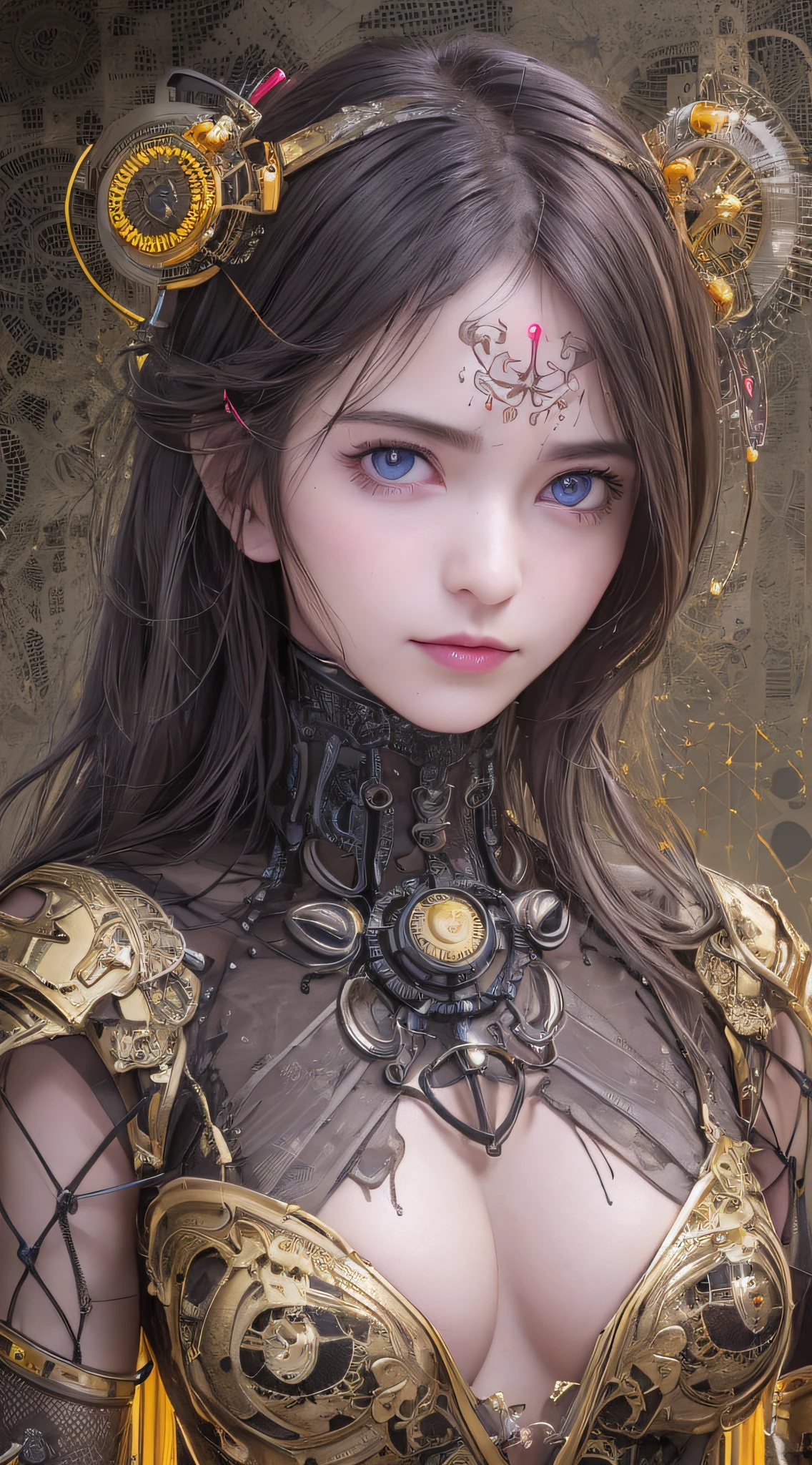Top Quality, Masterpiece, Ultra High Resolution, (Photorealistic: 1.4), Raw Photo, 1 Girl, Black Hair, Glossy Skin, 1 Mechanical Girl, (Ultra Realistic Details)), Portrait, Global Illumination, Shadows, Octane Rendering, 8K, Ultra Sharp, Big, Cleavage Exposed Raw Skin, Metal, Detail of Intricate Ornaments, Steampunk details, Matsumoto meter, meter, vacuum tube, nixie suga, oil pressure gauge, glass tube, analog meter, gears, golden hydraulic cylinder, very intricate detail, realistic light, CGSoation trend, purple eyes, glowing eyes, facing the camera, neon details, mechanical limbs, blood vessels connected to tubes, mechanical vertebrae attached to the back, mechanical cervical attachment to the neck, sitting, wires and cables connecting to the head, Evangelion, small LED lamps,