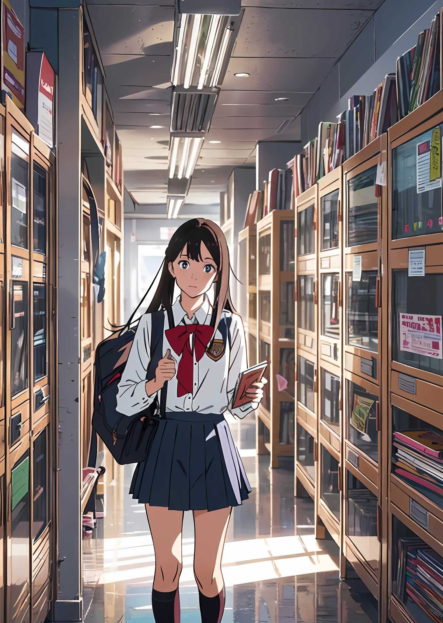 Create a high school girl character in a unique blend of super-realism and anime style, portraying the protagonist who is serious, ambitious, slightly shy, and caring for her friends, with brown long hair, bright blue eyes, wearing a standard school uniform and holding her school bag; her pose is engaged in conversation with a friend while holding textbooks, set against the background of a school corridor with lockers, posters, and other students, utilizing a balanced color scheme of soft pastels and warm tones to represent her vibrant youth, all while avoiding non-human structures or physically impossible movements, and ensuring quality and precision down to the smallest details. --auto --s2