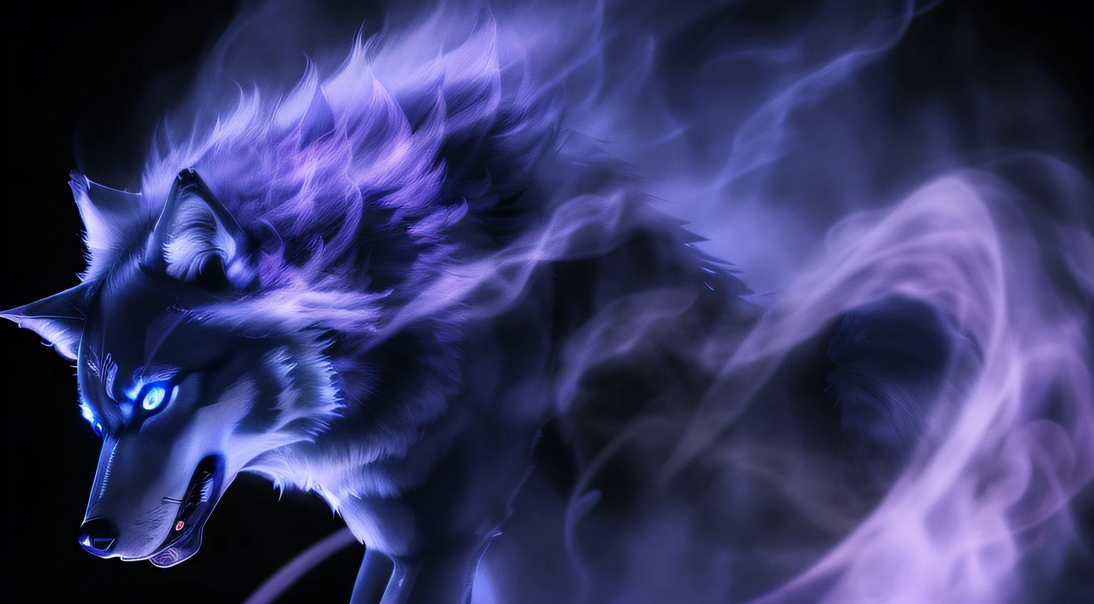 wolf from crimson smoke blue|purple background