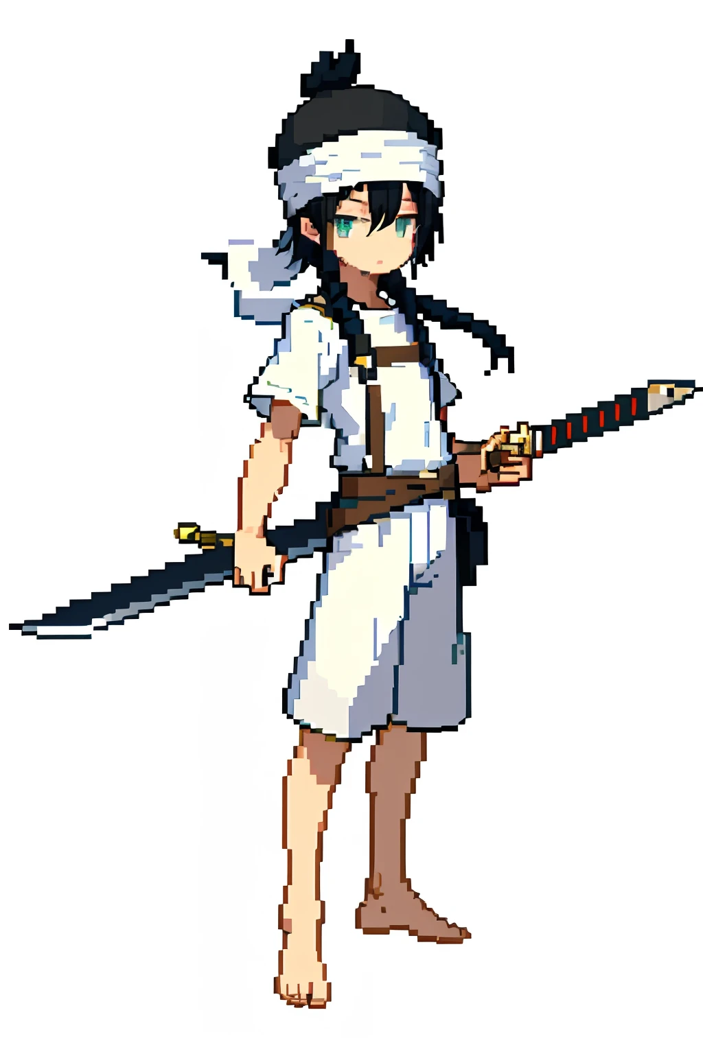 pixel, pixel art, 1boy, black hair, white overall, sword, arab, turban hat