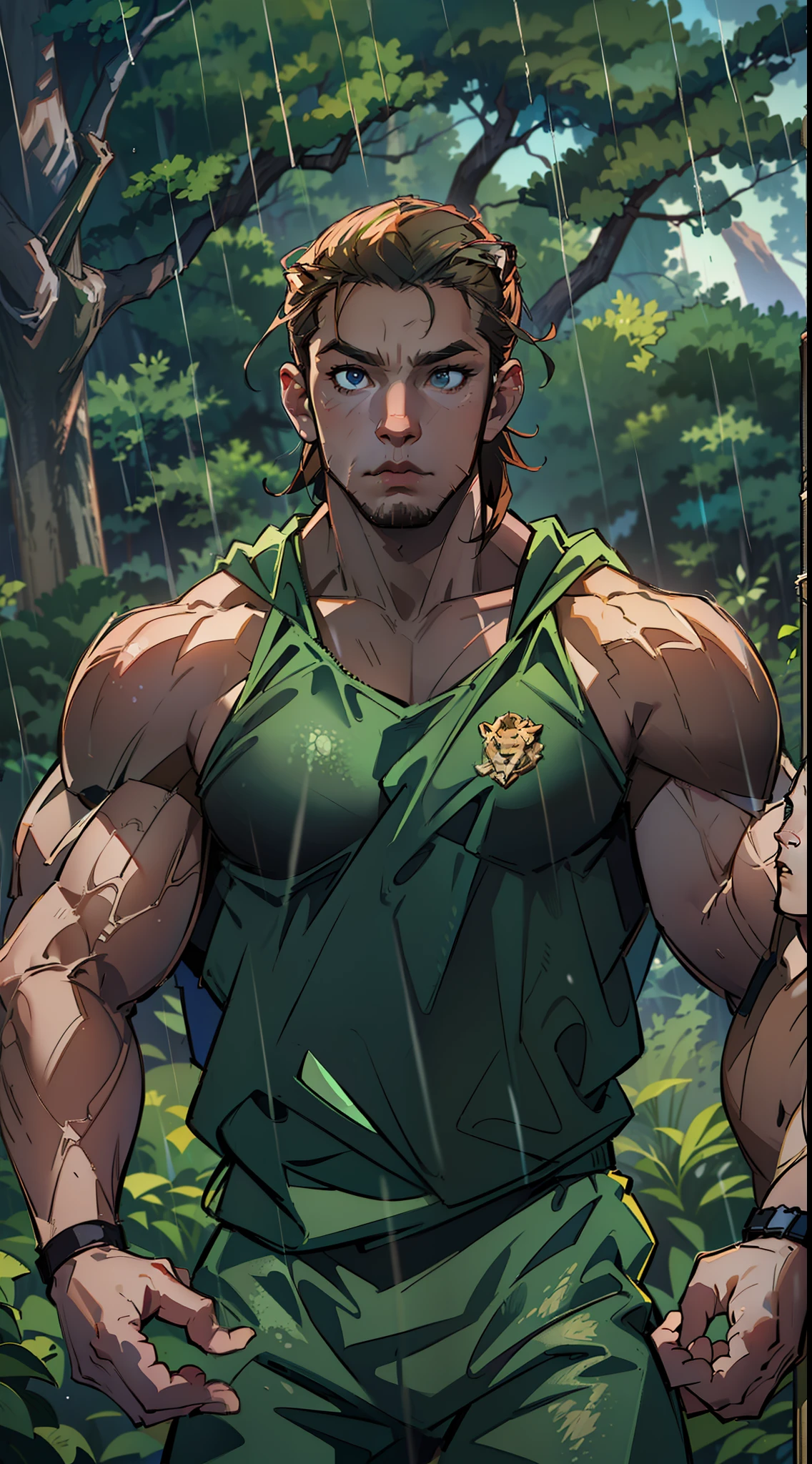 ((A Lion , super strong, Bodybuilder, muscular,)) wearing a stylish gym outfit, raining, a Forest in The background, 35mm lens, photography, ultra details, precise texture details HDR, UHD,64K