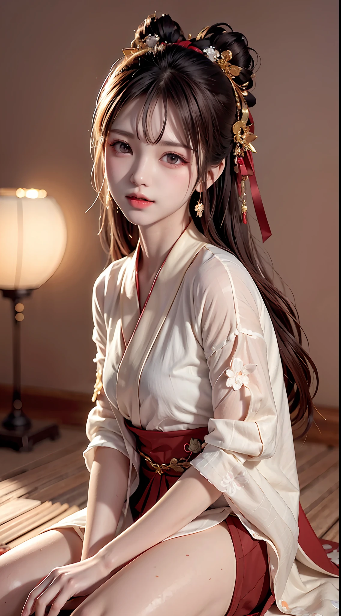 JK girl, girl wearing Japanese girls' school uniform, 8K, very high image quality, film texture, realistic, eating Japanese food, Japanese background, depth of field, tatami room, warm lighting, bow on chest, bangs, long hair over the shoulder, (playful eyes), double eyelids, deepening of the tail of the eyes, lying silkworm, bracelet on the wrist, scarlet lips, sparkling lips with texture, fine skin texture, brown sparkling pupils, (((eyes looking at the camera)))), slender fingers, ((round face)), ( ((small lips)))