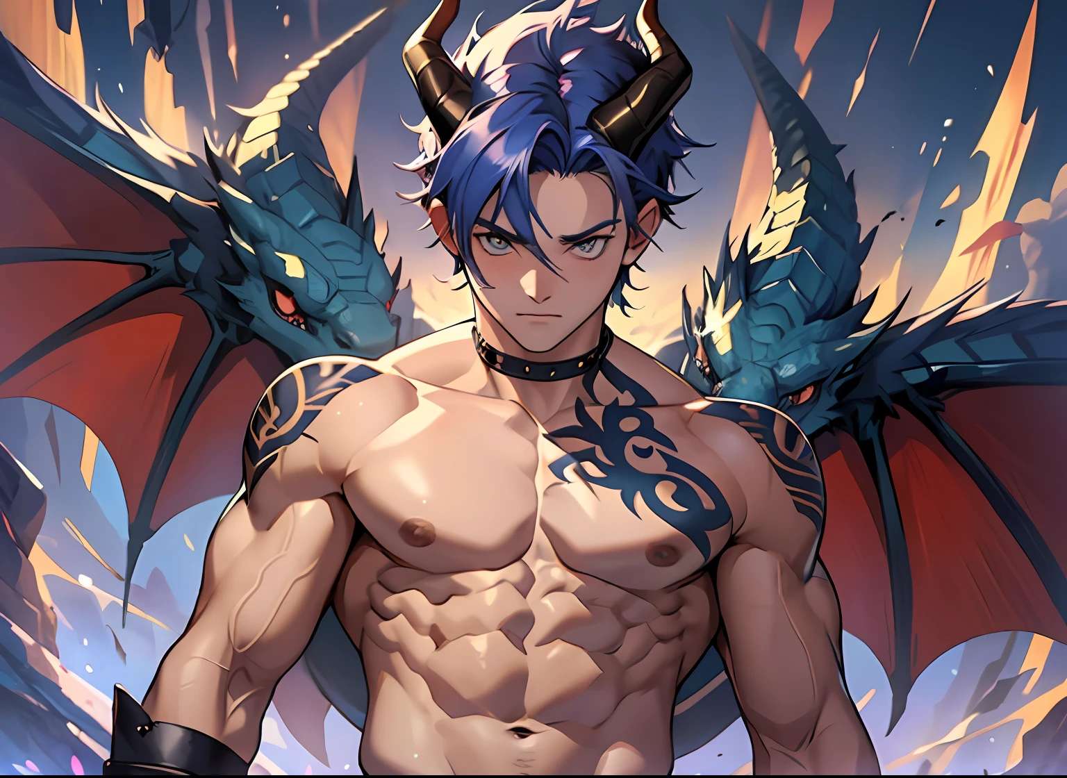 Best quality, 4K, wallpaper, illustration, (1boy:1.5),(Anime:1.2),(male:1.5),(juvenile:1.5),(jeune:1.5), with two dragon horns on the head, (torse nue:0.8), (cheveux longs), (peau claire:1.5), mouvements de danse, muscular body, Boy Pertty, long cheveux, ((cheveux noirs:0.8)), (yeux bleu), Boy in the montages, Twilight in the distance,