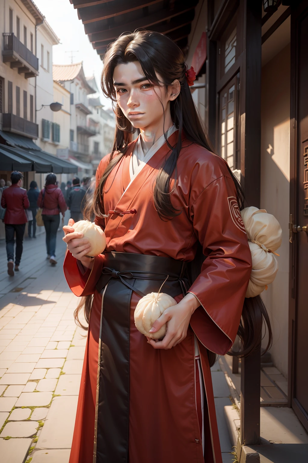 (A 16-year-old long-haired boy wearing a red Hanfu 1.4)
Steamed buns in hand,In the square of antiquity