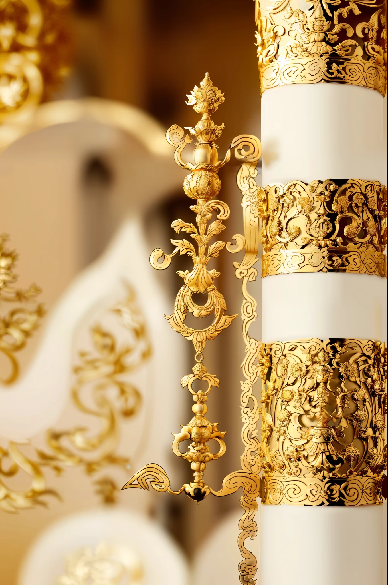 There is a tall pillar，It has a gold and white design on it, golden chinese text, intricate gold elements, Chinese style, Solid gold pillars, golden intricate details, Gold decoration, gold and luxury materials, Golden dragon, golden decorations, inspired by Park Hua, author：Tan Yang Kano, delicate detailing golden stroke, exquisite fine details