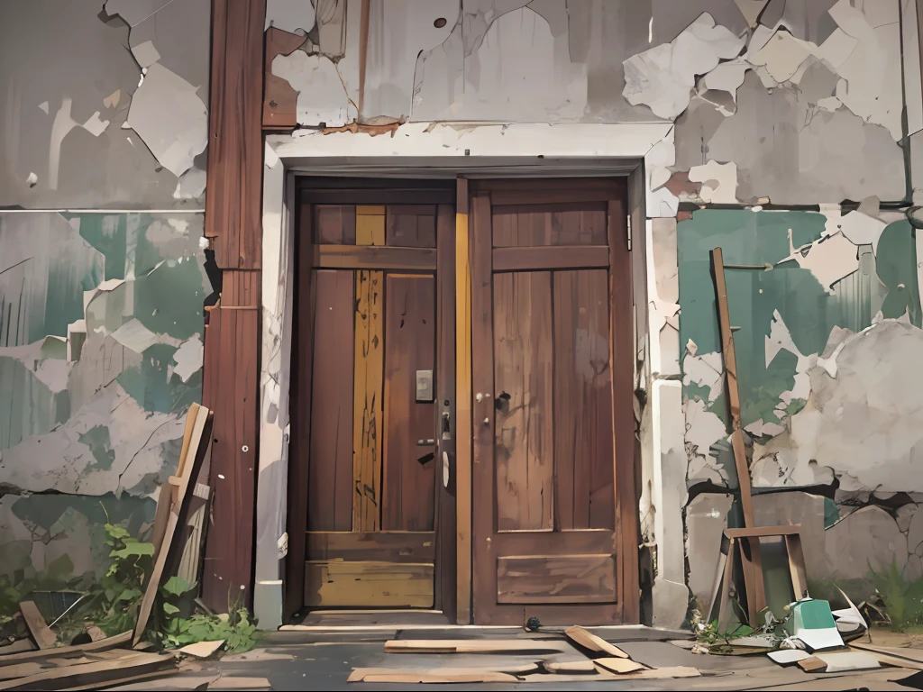 In front of a room door,A dilapidated door is made of just two wooden panels