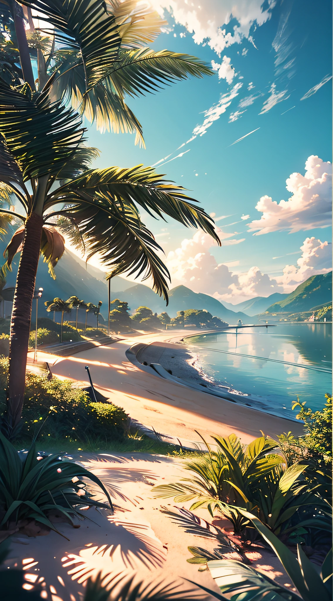 A vast landscape photo,Photograph stunning views of the beach,Blue skies and coastlines,Golden sand,bright sun(1:2)Splendor in the sky,A golden glow spreads throughout the scene。in distance,Mountains in the distance can be seen along the coast,Added a sense of tranquility。Rest Arts and crafts The beach is surrounded by tropical trees,Offers soft shadows and a picturesque natural frame。warm sunlight(1.2)Bathe in the scene,Create a vibrant color palette,Purple and orange tones blend harmoniously。Intricate detail and volumetric lighting BREAK(tmasterpiece:1.2)Highlight the amazing beauty of this place。The image quality is 4K,Ultra-delicate,Capture every element perfectly。dynamic compositions(1.4)Gives motion and fluidity to images,There are also bright colors and rainbows(1.2)It adds a magical touch。The brightness of the sun reflected in the water and atmospheric illumination create a dreamy and peaceful atmosphere