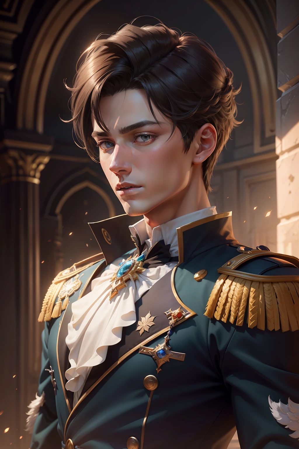 18-year-old British prince，nobles，royal family，18yr old，lean and thin，religion，Royal costume，modern day，Handsome，Popular digital painting, very detailed digital painting, stunning digital illustration, Cute detailed digital art, Detailed digital painting, Detailed painting 4 K, Realistic digital art 4K,  highly detailed digital painting, Digital artwork, Beautiful digital illustration，rossdraws volumetric lighting, rendered in corona，character portrait closeup, unreal engine character art, cinematic close-up bust shot