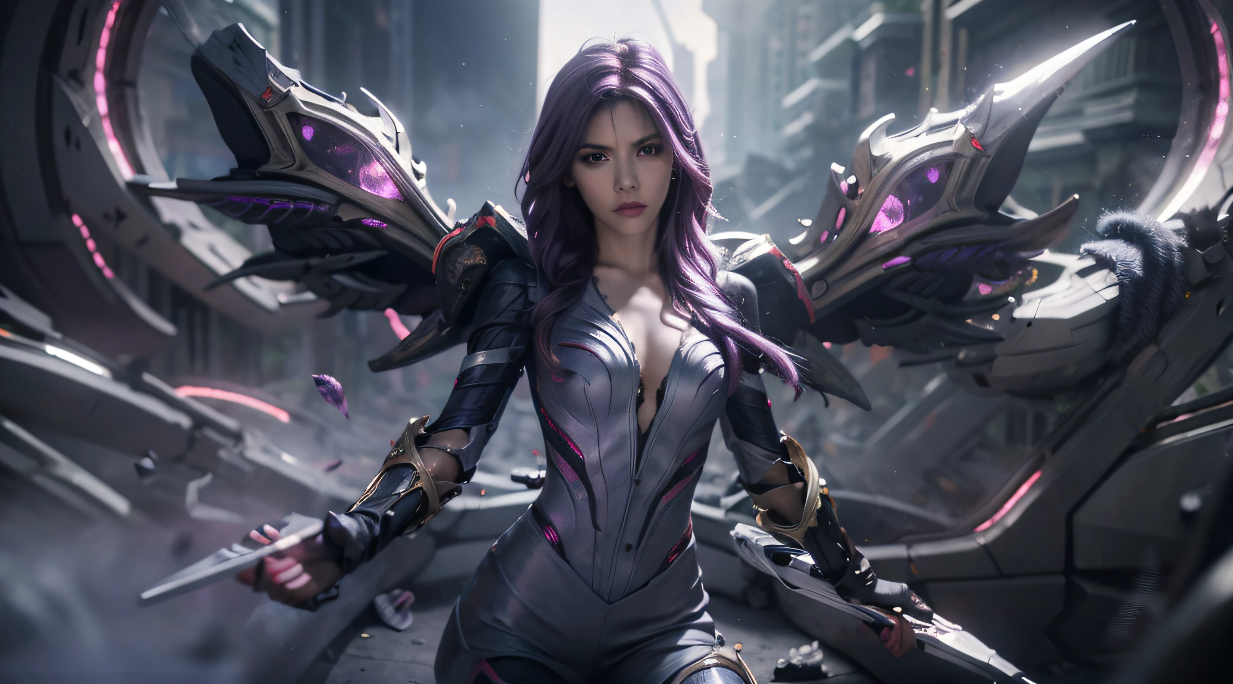 1girl, kai'sa, league of legends, kasa, purple wings, deep purple hair, purple eyes, serious expression, intense glare, looking at the audience, from behind, (dynamic pose), (void wings), weapons, masterpiece, extremely detailed CG Unity 8k wallpaper, best quality, 32k, focus clear, cybercity, neon sign, aperture, void field