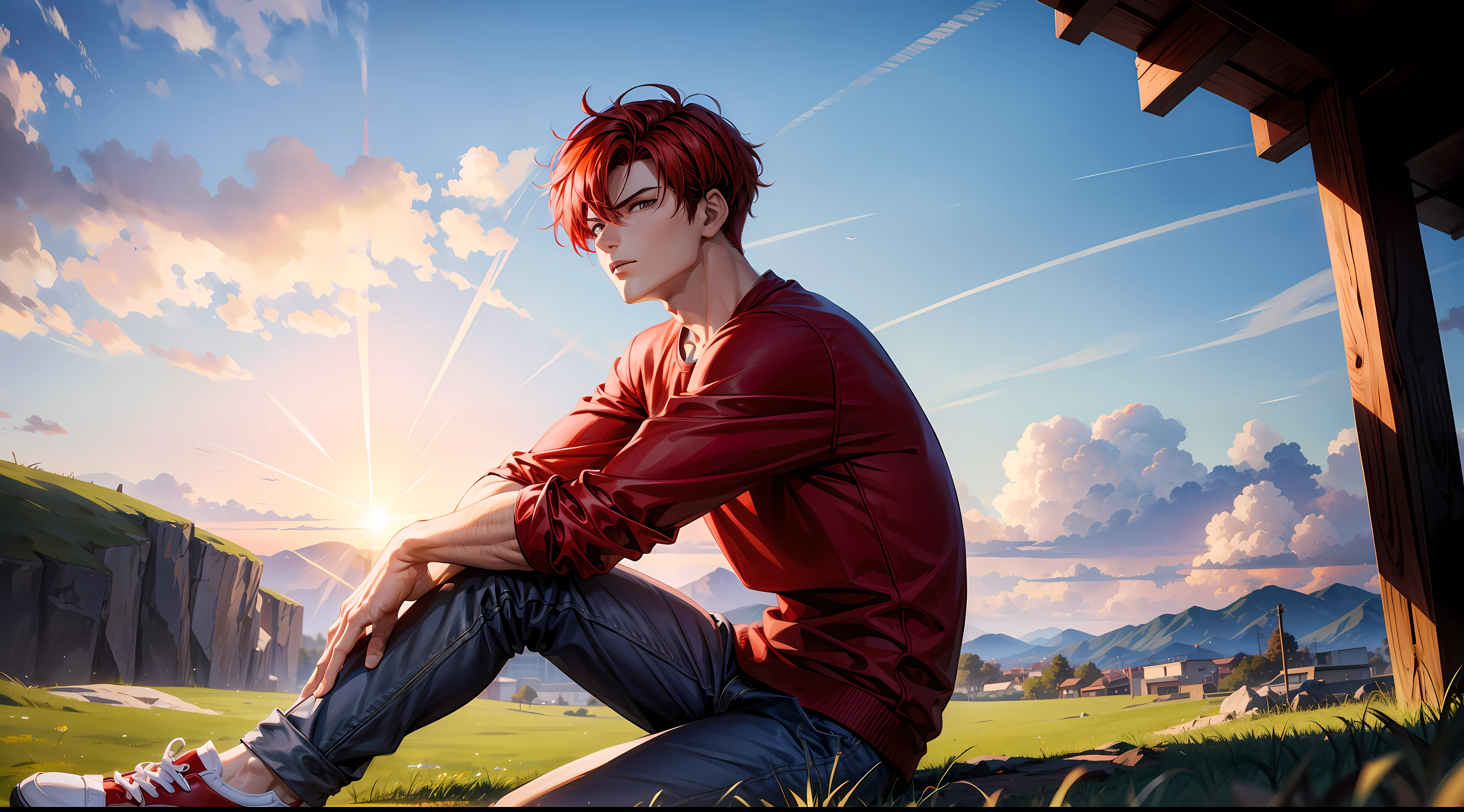 1male, 8K quality, Best Quality, red short hair!!, serious look, sitting on the grass, side-view, looks at the viewer, handsome anime pose, red sweatshirt, black jeans, Shoes, Sundown, Beautiful sky, The Evil Guy, brooding, light wind