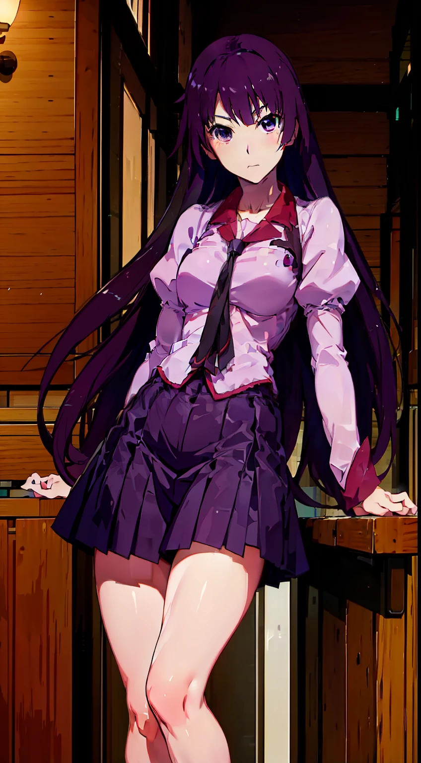 1girl in, senjougahara hitagi, 独奏, thighs thighs thighs thighs, skirt by the, The long-haired, naoetsu high school uniform, blue eyess, juliet sleeves, student clothes, Purple hair, The shirt, middlebreasts, Super long hair, Purple skirt, a miniskirt,,Bicycle parking、early evening、The upper part of the body
