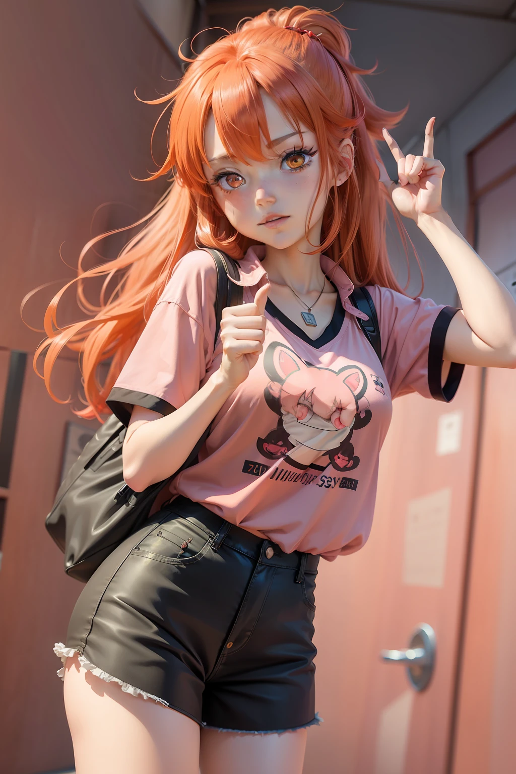Anime girl with red hair and pink shirt gives thumbs up, In an anime style, In anime style, In a Japanese anime style, in manga style, with index finger, by Naka Bokunen, Asuka, anime style character, [ Digital Art ]!!, Yayoi Kasuma, anime style only, in the art style of 8 0 s anime