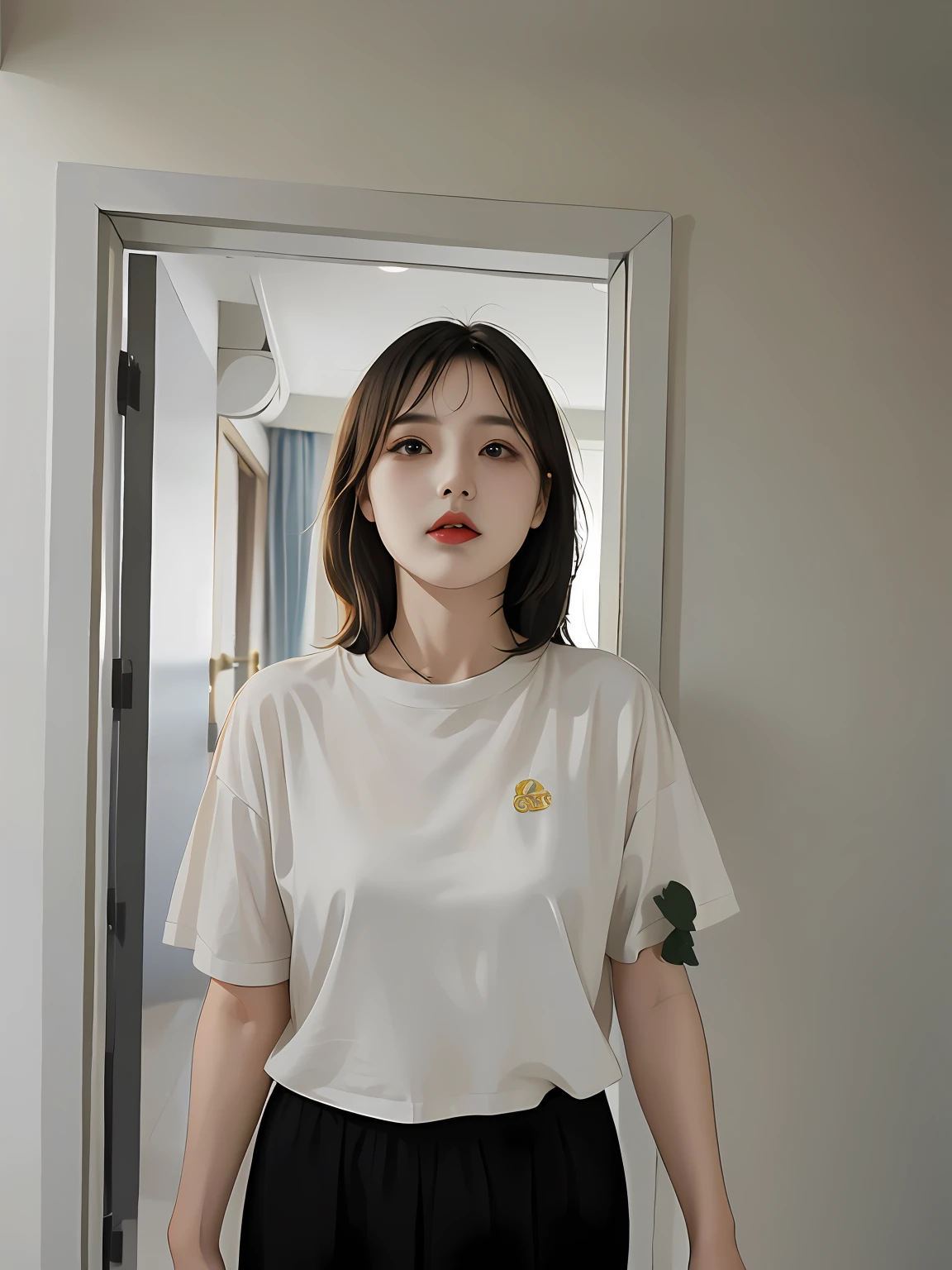 There was a woman standing in a room,in a white shirt, xiang duan, Zhang Wanting, xintong chen, A young Asian woman, Yun Ling, chiho, photograph of a woman, inspired by Ma Yuanyu, wenfei ye, xiaofan zhang, Qiu Fang, mingchen shen, wearing a tshirt, Zhang Pengzhen