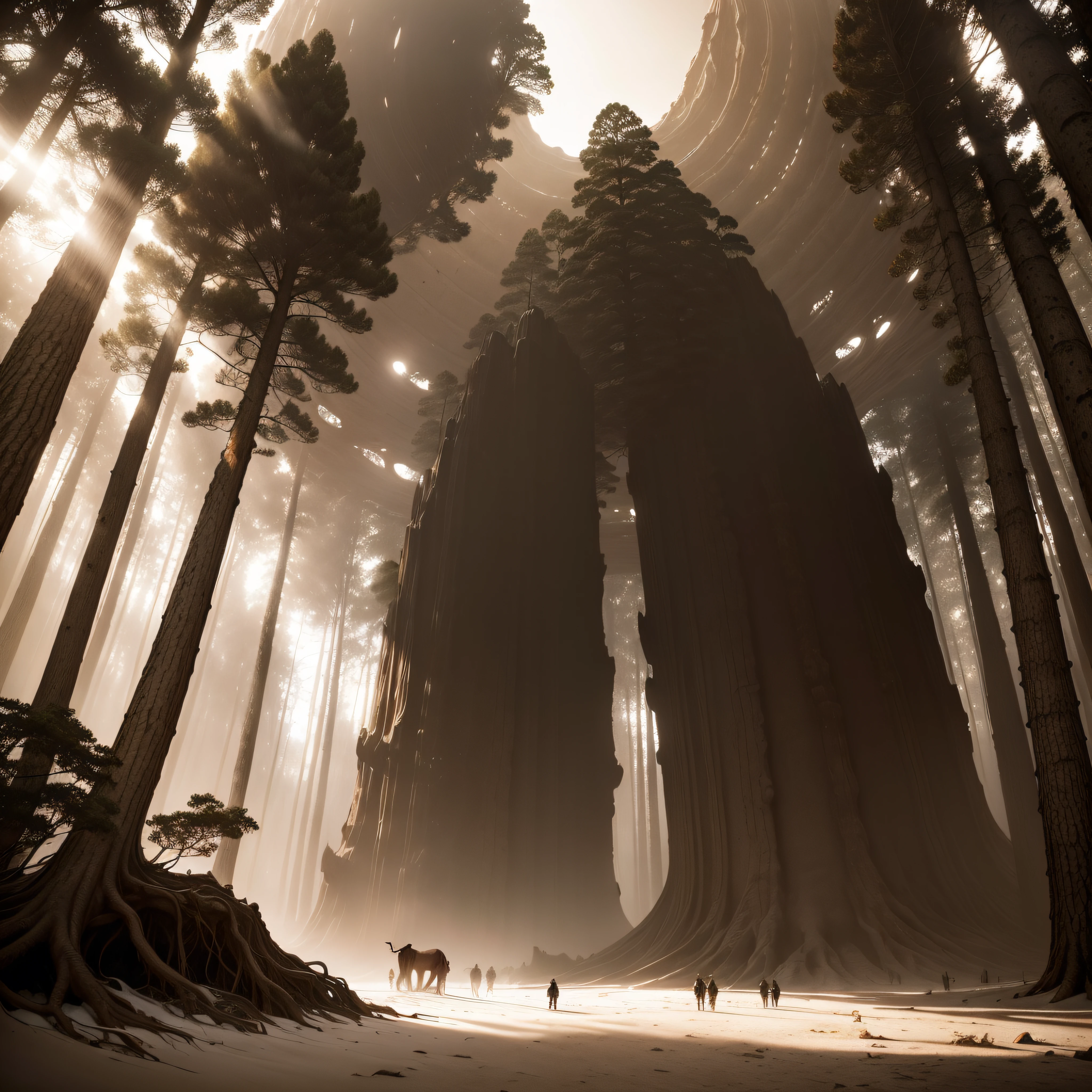 (extremadamente detallado, obra maestra, La mejor calidad, Tono sepia), un gigante con un hacha camina por un bosque. meteorito en el suelo, agujero profundo, Giant crater. burned trees. Oggre hidden among the trees. Daytime Lighting.