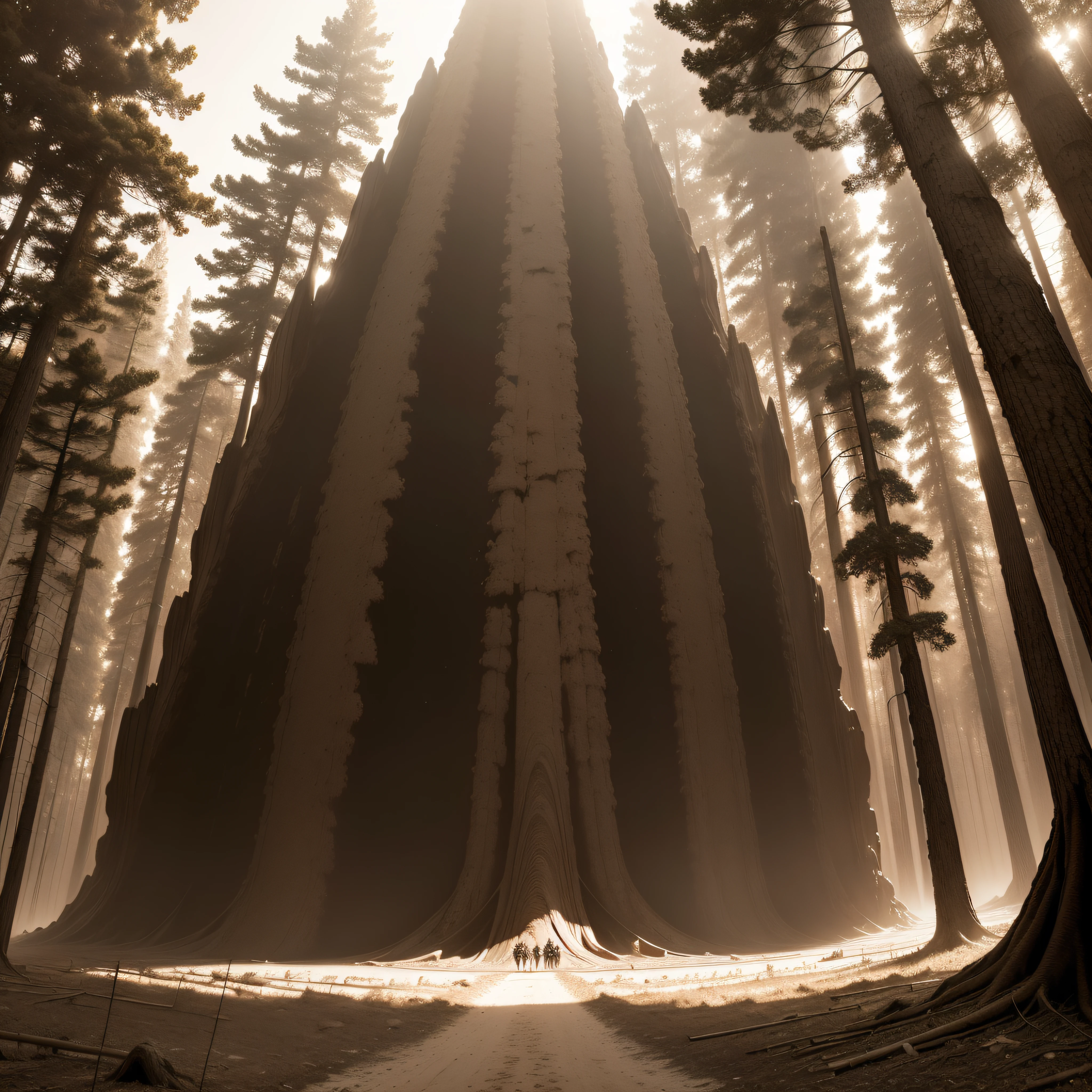 (extremadamente detallado, obra maestra, La mejor calidad, Tono sepia), un gigante con un hacha camina por un bosque. meteorito en el suelo, agujero profundo, Giant crater. burned trees. Oggre hidden among the trees. Daytime Lighting.