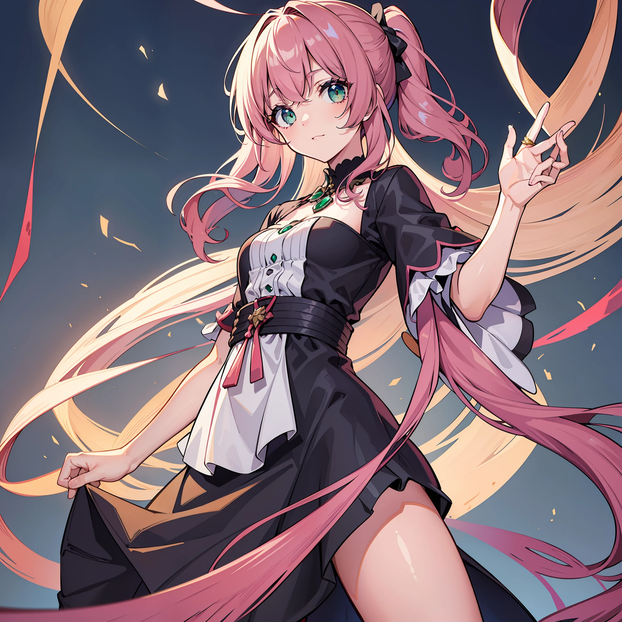 "Create a masterpiece with the best quality, high-resolution, and meticulously detailed eyes, 1 girl, solo, emerald eyes, dark pink hair, long straight hair with a small curly ponytailon each side
