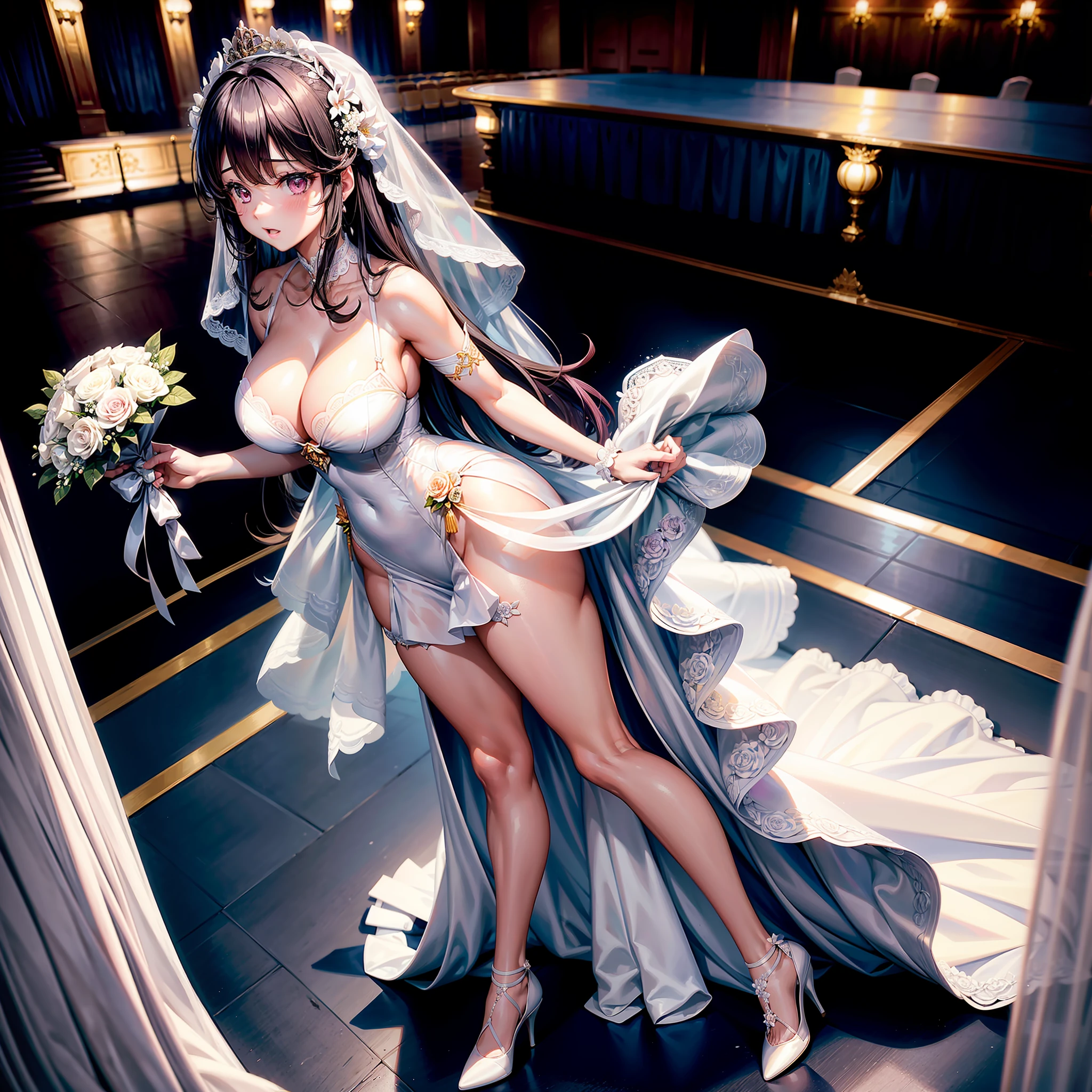 1girll，独奏，Stand in the auditorium，cabelos preto e longos，flower headpiece，White wedding dress，white stockings，Lori huge breasts cleavage，Full thighs，Childlike big breasts，Pink eyes，A coquettish expression，White heels，Full body photo，Bouquet in hand