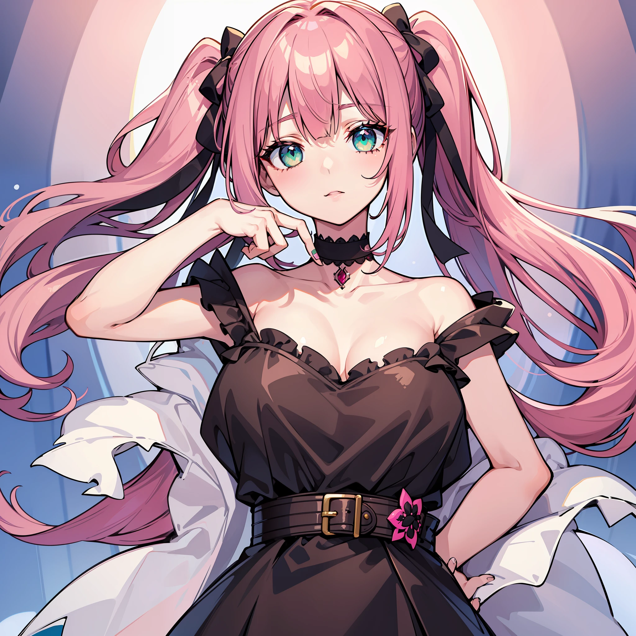 "Create a masterpiece with the best quality, high-resolution, and meticulously detailed eyes, 1 girl, solo, emerald eyes, dark pink hair, long straight hair with a small curly ponytailon each side