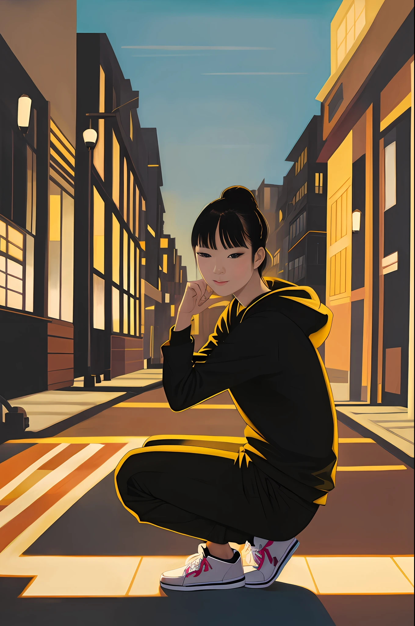 1girl in, Vector art, flat-colors, pop-art, Pattern, city scenery, Hoodie, Shorts, sneakers, bob cuts, Full body, Pose, Squatting, lofi color, (Hiperov), (masutepiece,Best Quality:1.5),woman posing for a photo、4K、hight resolution、​masterpiece、top-quality、headw:1.3、((Hasselblad photo))、Fine detailed skin、Sharp Focus、(电影灯光)、鎖骨、natta、Soft lighting、dynamic ungle、[:(详细的脸:1.2):0.2]、Outside、