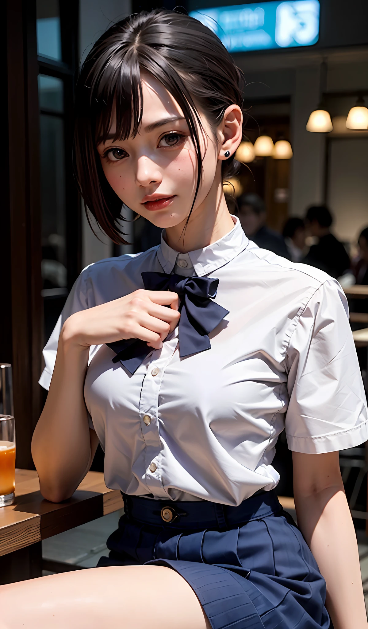 (8K、Raw photography、top-quality、The ultra -The high-definition、​masterpiece:1.2)、(reallistic、Photorealsitic:1.37)、1人の女性、1 person woman、cute little、独奏、Beautiful sky、Detailed Cafe、natta、Sitting、date、(Nasal redness)、(A smile:1.1)、(Closed)、mideum breasts、beautidful eyes、(shirt with collar:1.1)、a bow tie、pleatedskirt、(short-hair:1.2)、Floating hair、(Very tall supermodel:1.3、Very leggy supermodel:1.3、neck long、Put your ears out、Light in the eyes、hi-school girl)