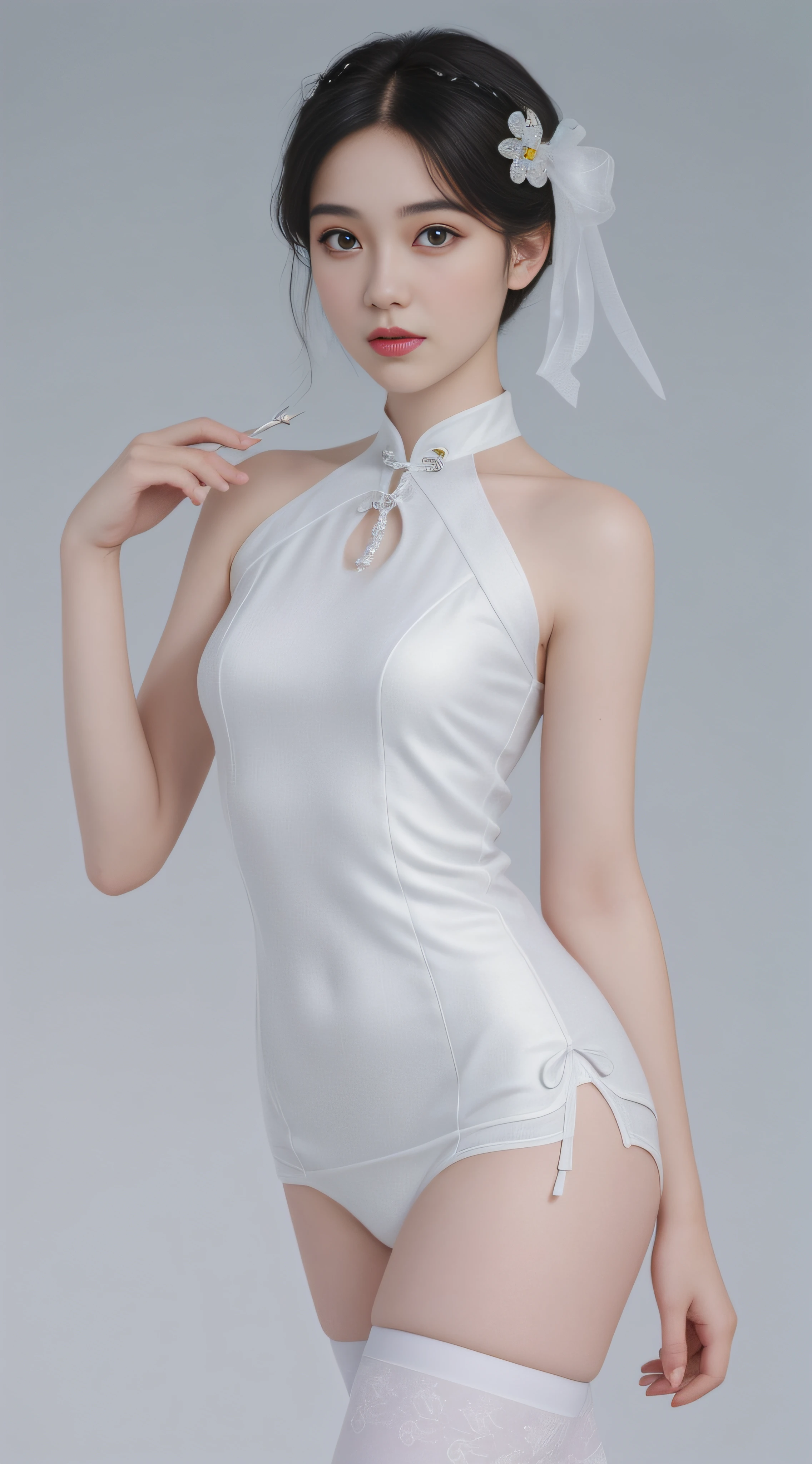 best qualtiy, hyper-high detail，Overlooking，Full body like，24-year-old woman，Snow-white skin，Refined face，Coiled hair，Hairpins，Hairpins，White cheongsam，slimfigure，Smaller bust，cropped shoulders，Harnes，Clear stockings，High split end，ellegance，outside