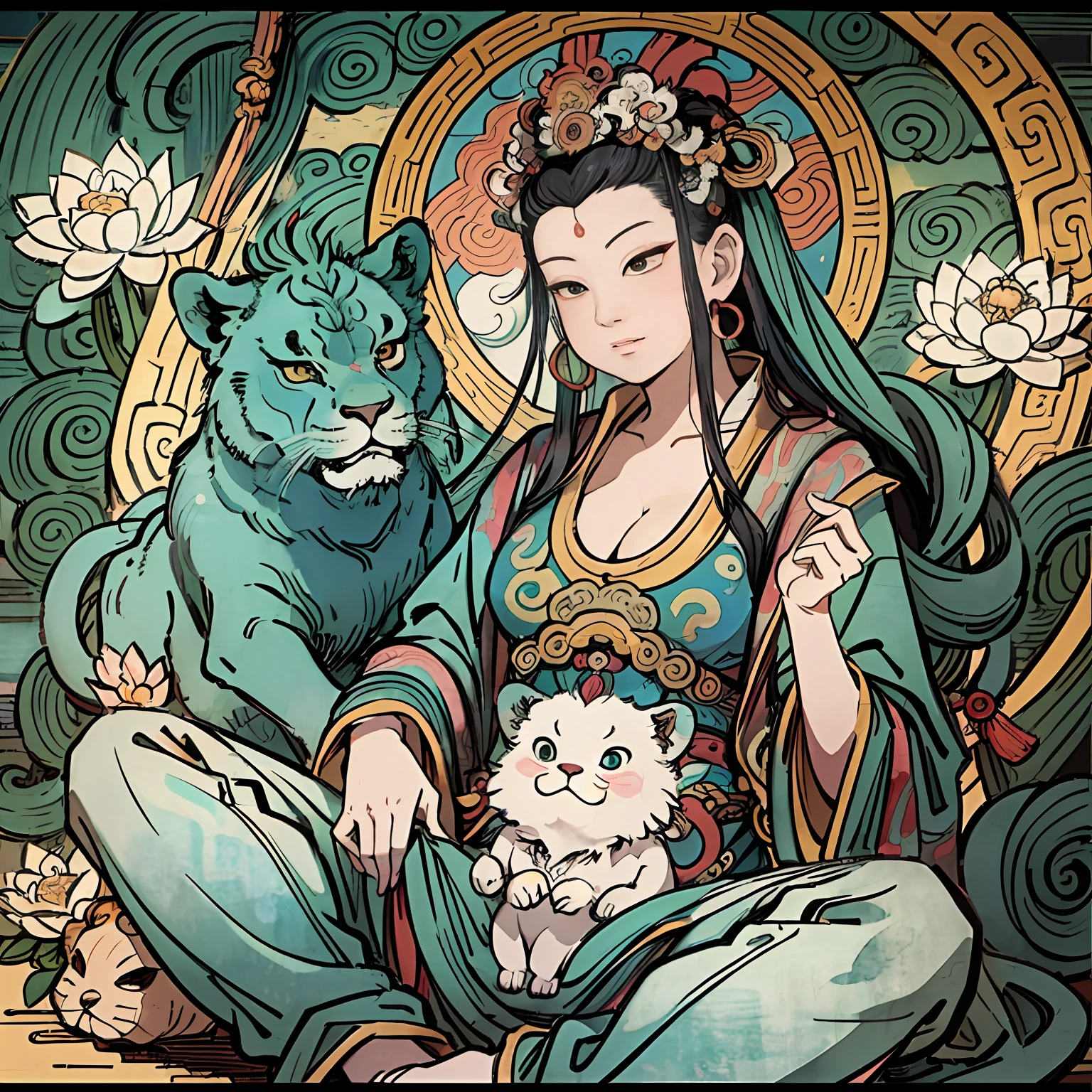 an ancient Chinese goddess, guanyin of the southern seas, Guanyin, Inspired by India, Avalokiteshvara rides a lion,Serene expression,shui mo hua,Buddha,Buddhist,Lotus,Chinese painting style,Thangka style
