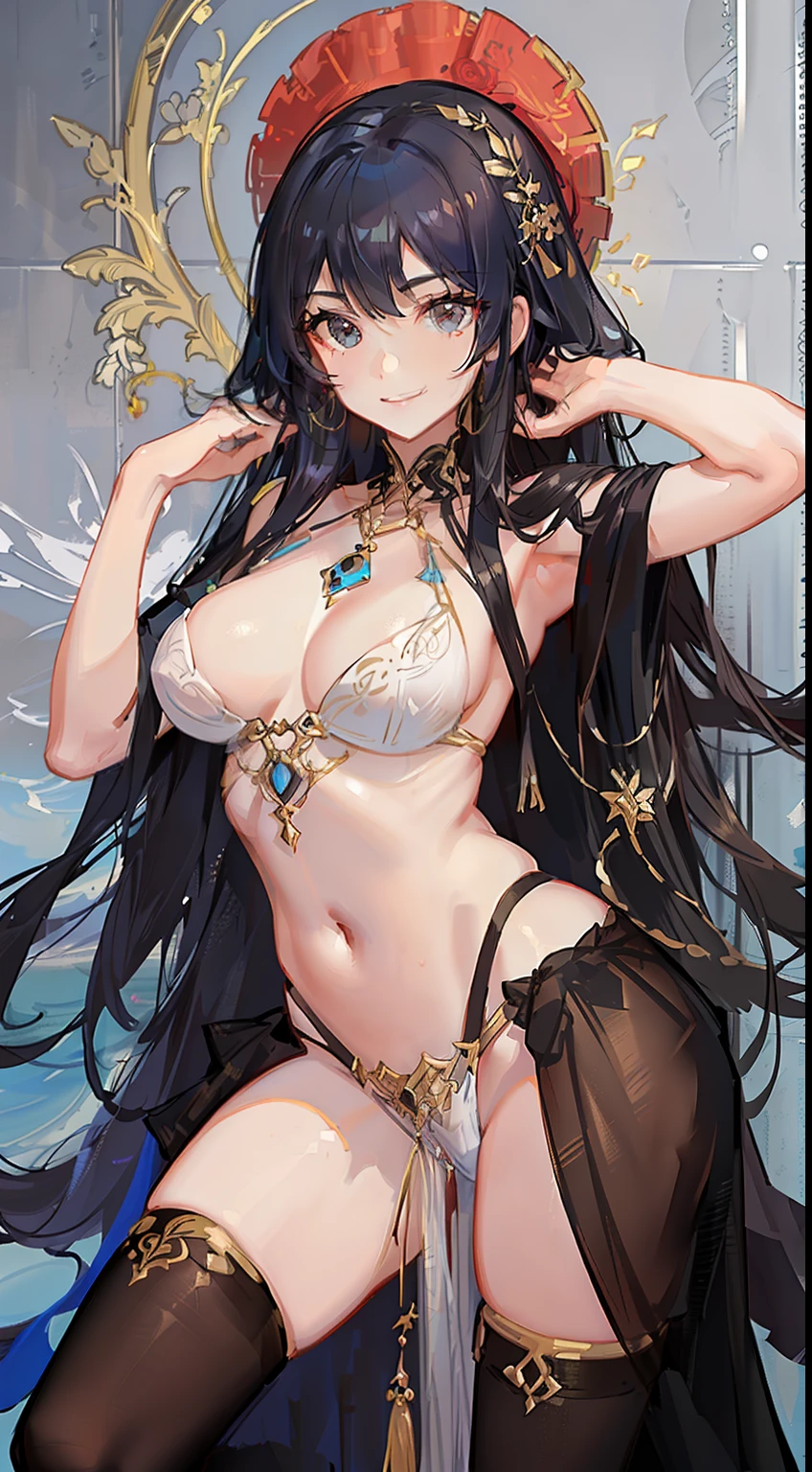 Tall girl, Bronzed Skin, long curly blue-black hair, Brown eyes, Gypsy clothing, gypsy, Smile, Dancing, Masterpiece, hiquality