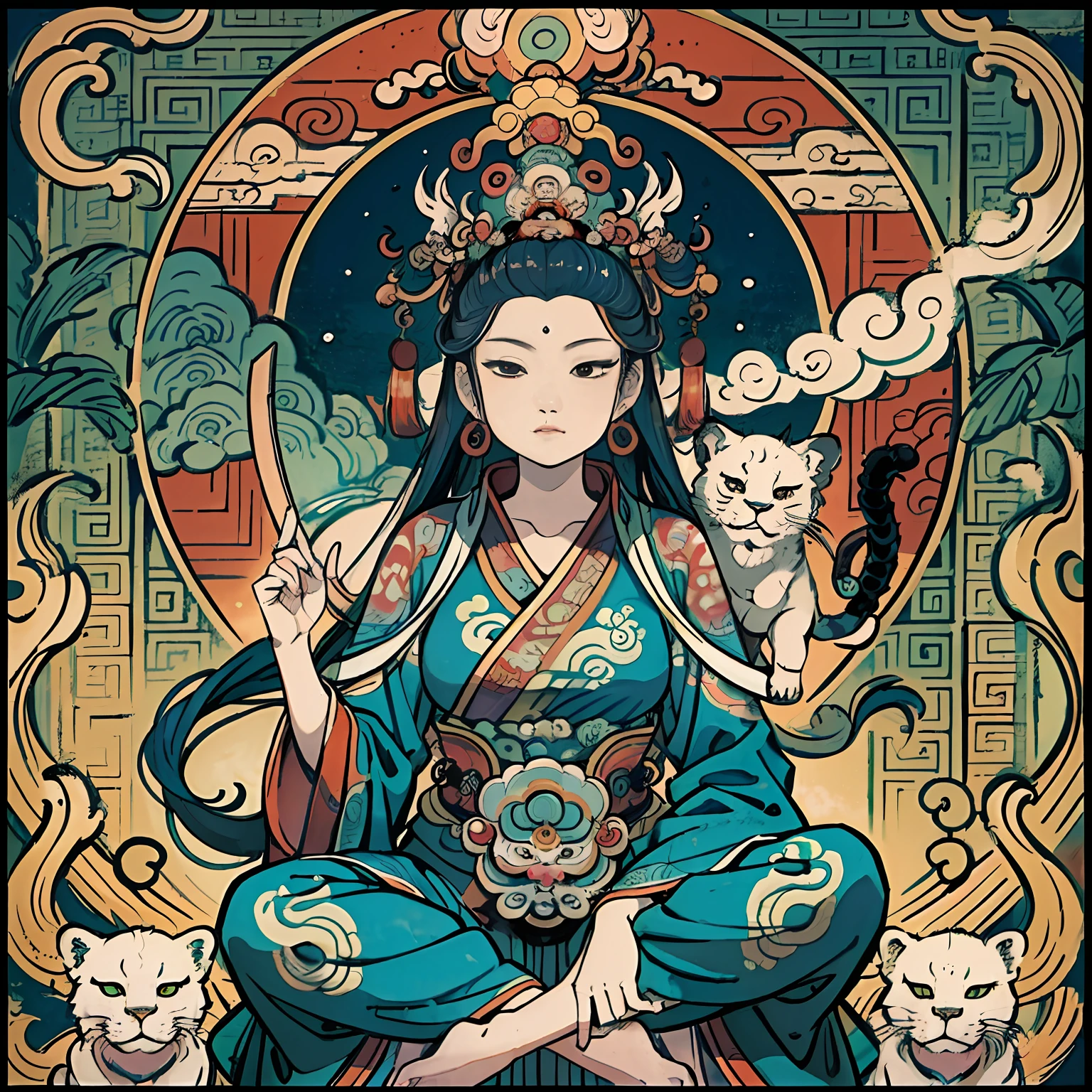 an ancient Chinese goddess, guanyin of the southern seas, Guanyin, Inspired by India, Avalokiteshvara rides a lion,Serene expression,shui mo hua,Buddha,Buddhist,Lotus,Chinese painting style,Thangka style