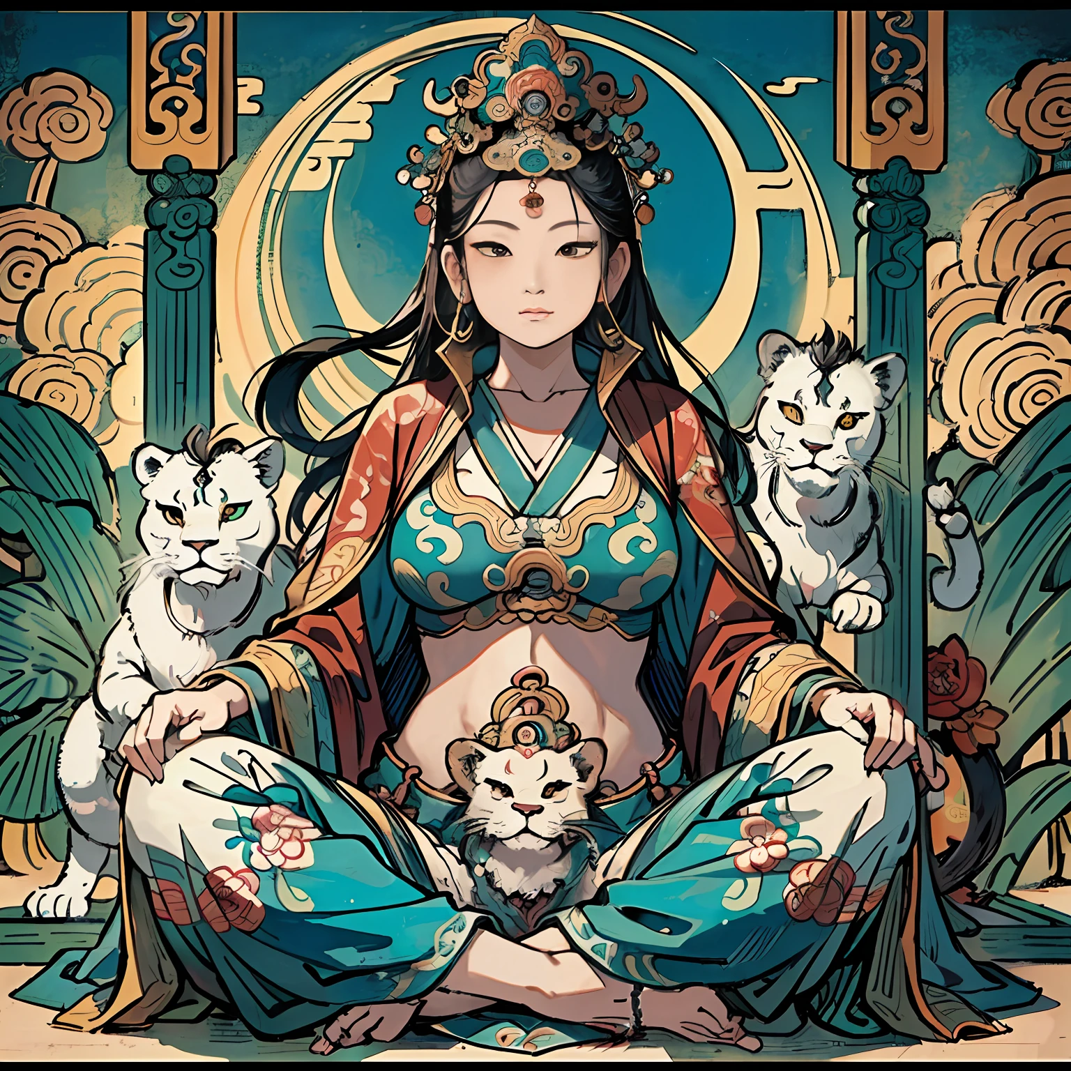 an ancient Chinese goddess, guanyin of the southern seas, Guanyin, Inspired by India, Avalokiteshvara rides a lion,Serene expression,shui mo hua,Buddha,Buddhist,Lotus,Chinese painting style,Thangka style