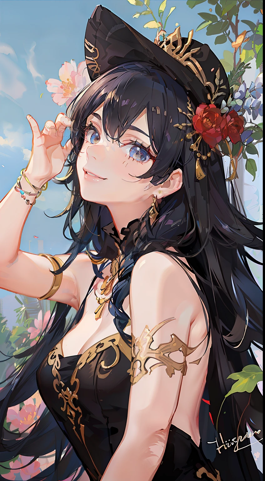 Tall girl, Bronzed Skin, long curly blue-black hair, Brown eyes, Gypsy clothing, gypsy, Smile, Dancing, Masterpiece, hiquality