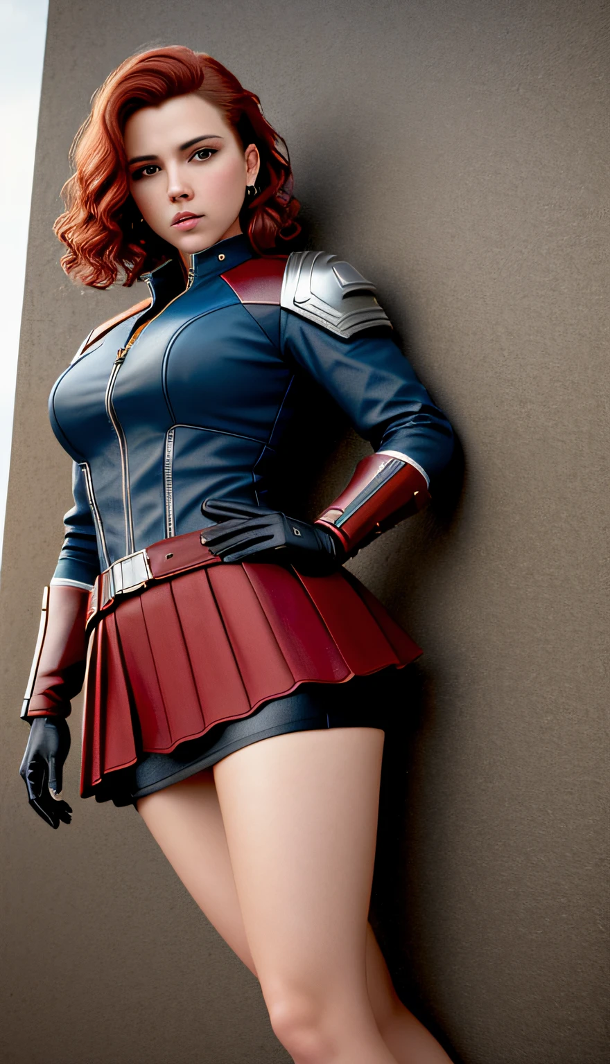 (masterpiece), (best quality), (photorealistic:1.3), 8k, detailed skin textures,Detailed cloth texture,Beautiful detailed face,intricately details,ultra - detailed,Scarlett Johansson,Short skirt in Captain America style,Pure red hair,(full bodyesbian:1.2)