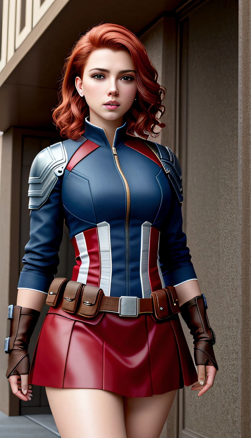 (masterpiece), (best quality), (photorealistic:1.3), 8k, detailed skin textures,Detailed cloth texture,Beautiful detailed face,intricately details,ultra - detailed,Scarlett Johansson,Short skirt in Captain America style,Pure red hair,(full bodyesbian:1.2)