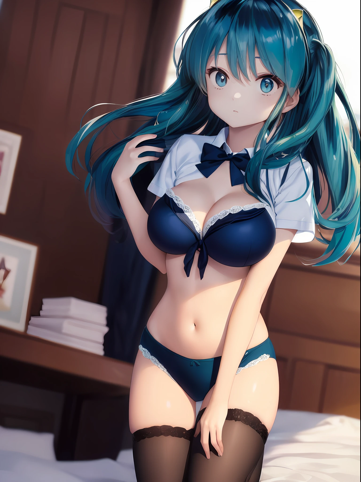(One lady)、(​masterpiece)、(best qualtiy)、(ultra-detailliert)、(a high chroma)、((tre anatomically correct))、(CG Illustration)、highcontrast、Gravure Pose、urusei yatsura、Ram-chan、[Demon horn:-1.3]、(Fine and beautiful eyes)、Delicate beautiful face、Ram hairstyle、((dishevled hair))、((Schoolgirl Uniform))、White panties、(buruma)、(Black stockings)、(beutiful breast :1.3)、teats 、((The best lighting))、simple background