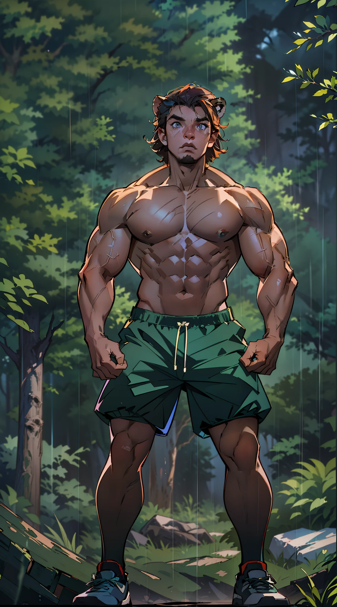 ((A Lion , super strong, Bodybuilder, muscular,)) wearing a stylish gym outfit, raining, a Forest in The background, 35mm lens, photography, ultra details, precise texture details HDR, UHD,64K