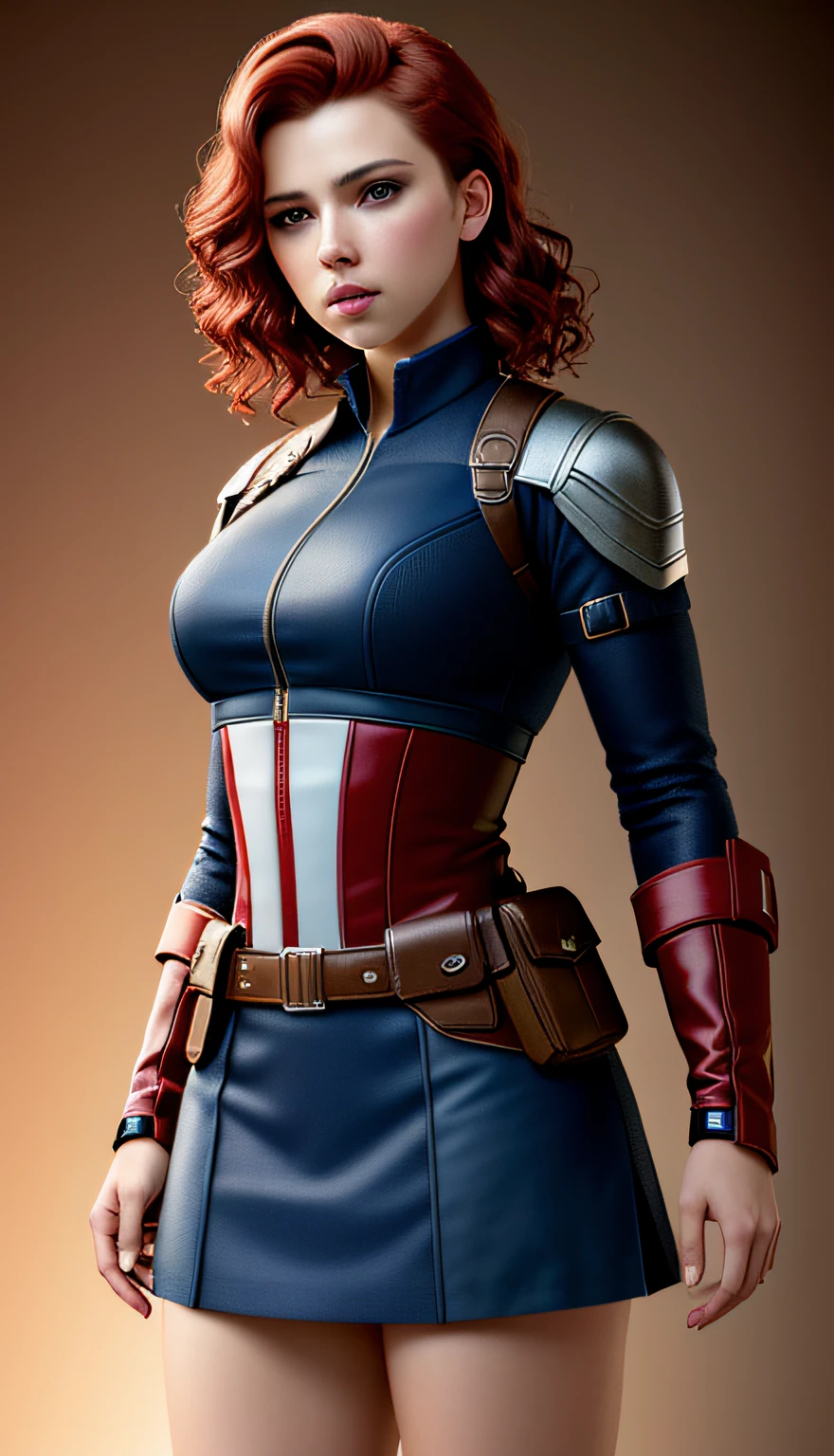 (masterpiece), (best quality), (photorealistic:1.3), 8k, detailed skin textures，Detailed cloth texture，Beautiful detailed face，intricately details，ultra - detailed，Scarlett Johansson，Short skirt in Captain America style，Pure red hair，（full bodyesbian：1.2）