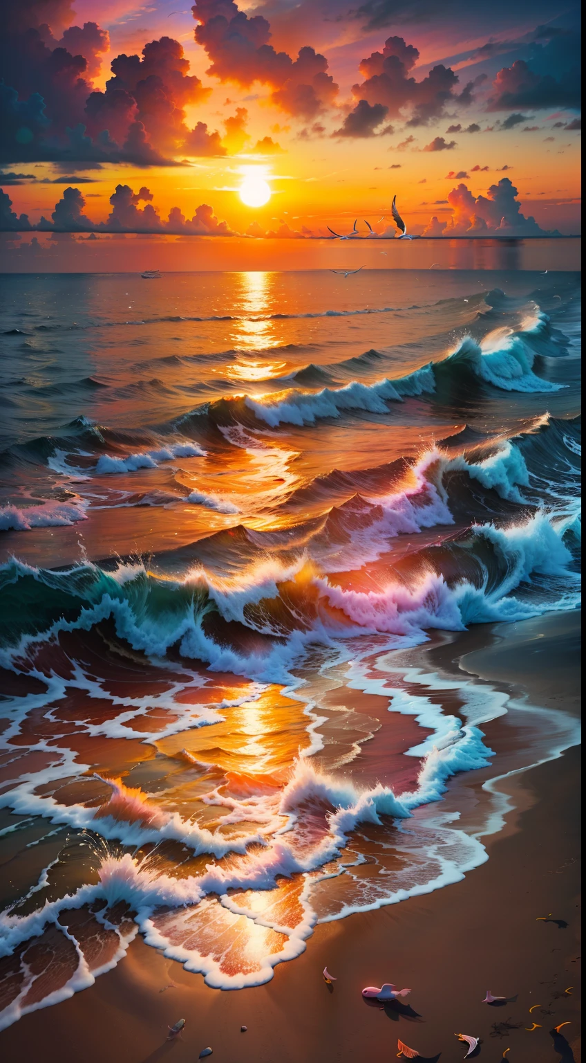 An absolutely mesmerizing sunset on the beach, with a mix of orange, pink, and yellow in the sky. The water is crystal clear, gently kisses the coast, and the white sand is endless. The scene is dynamic and breathtaking, with seagulls soaring high in the sky and palm trees swaying softly. Immerse yourself in the calm atmosphere and let the serenity surround you.