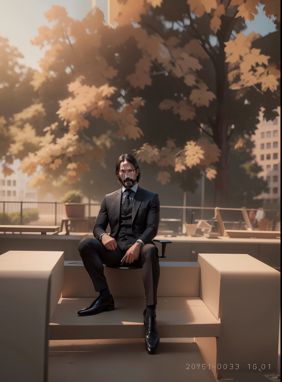 Change the background, sitting on a chair, john wick tone, realistic face