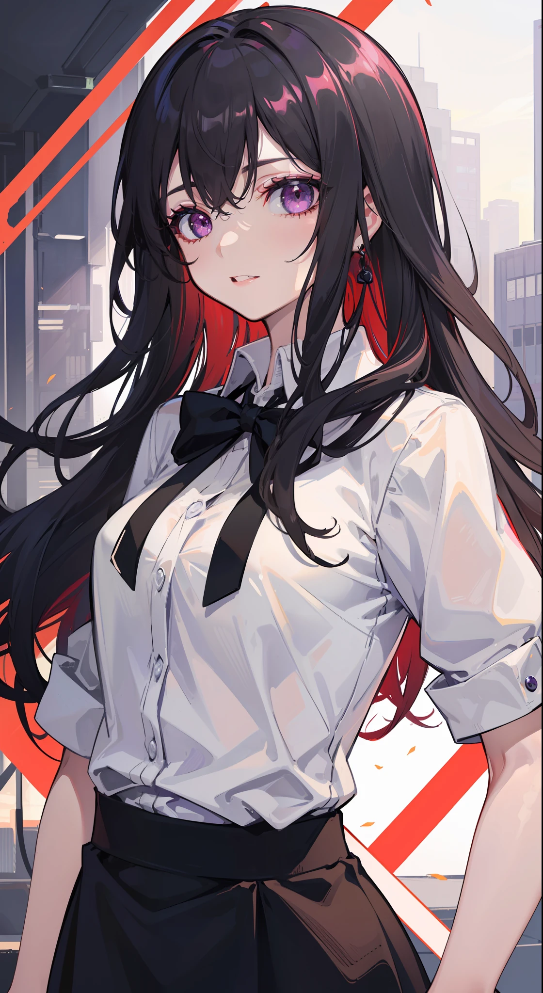 (masterpiece:1.2, best quality1:1, ultra-detailed:1.2, best shadow, 8k:1.1), (office background), (beautiful detailed face), high contrast, (perfect illumination:1.2, beautiful color, delicate color), ((cinematic light)), hyper detail, dramatic light, intricate details, (1 girl, solo, black hair, sharp face, messy long hair:1.2, wavy hair:1.1, purple eyes, glowing eyes, dynamic angle, office, formal, upper body:1.2), (eye focus:0.9), (beautiful eyes), (center focus:1.2), depth of field, dark purple particles, (purple aura), makeup, dark red lipstick, dark red eyeshadow, hyperdetail makeup, hyperdetail lipstick, hyperdetail eyeshadow, ((half body shot:1.3))