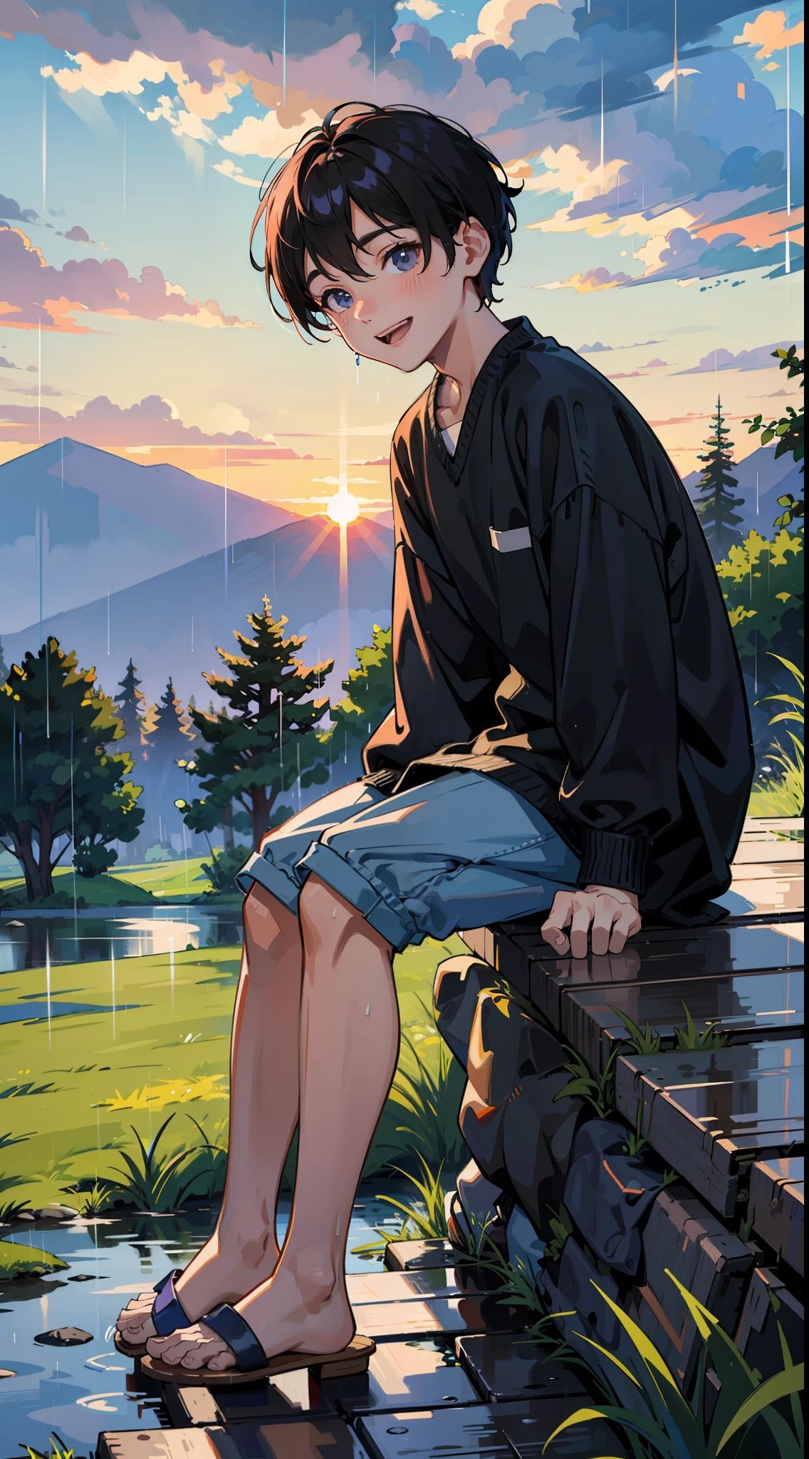 A happy little boy,in the rain,Dressed in casual attire,Wear slippers,Sit on the rocks of the meadow,The background is the village,There is a cute little dog next to it,Sunset and sunset,Face the camera,Full body photo,Ultra-high definition
