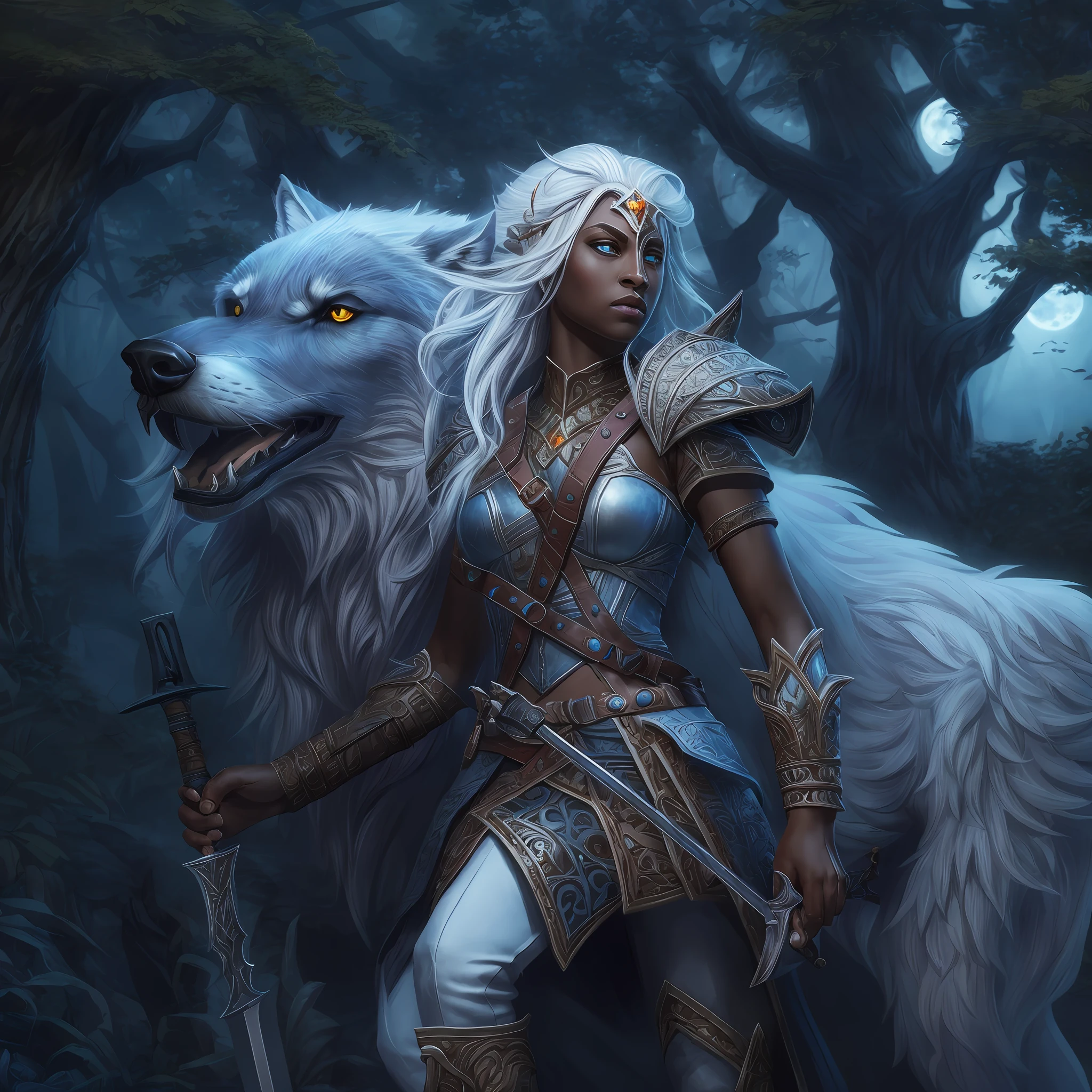 high details, best quality, 8k, [ultra detailed], masterpiece, best quality, (extremely detailed), dynamic angle, ultra wide shot, RAW, photorealistic, fantasy art, dnd art, rpg art, realistic art, a wide angle picture of an epic female drow ranger and her pet wolf,  warrior of nature, fighter of nature, full body, [[anatomically correct]] full body (1.5 intricate details, Masterpiece, best quality) talking to am epic wolf (1.6 intricate details, Masterpiece, best quality) armed with an epic magical sword  (1.5 intricate details, Masterpiece, best quality) epic magical sword, glowing in blue light. in dark forest (1.5 intricate details, Masterpiece, best quality), a female beautiful epic drow wearing leather armor (1.4 intricate details, Masterpiece, best quality), leather boots, thick hair, long hair, white hair, black skin intense eyes, forest  background (intense details), moon light, stars light, clouds (1.4 intricate details, Masterpiece, best quality), dynamic angle, (1.4 intricate details, Masterpiece, best quality) 3D rendering, high details, best quality, highres, ultra wide angle