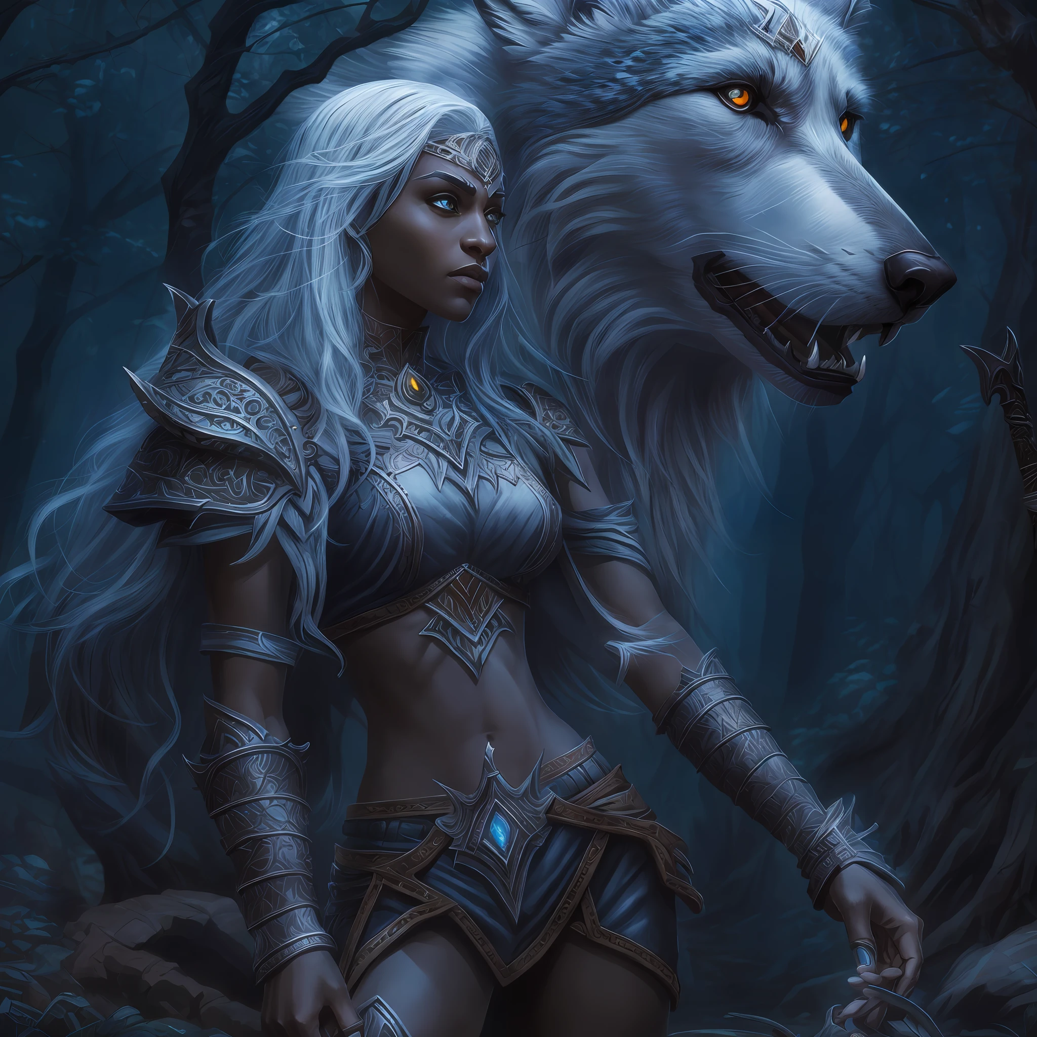 high details, best quality, 8k, [ultra detailed], masterpiece, best quality, (extremely detailed), dynamic angle, ultra wide shot, RAW, photorealistic, fantasy art, dnd art, rpg art, realistic art, a wide angle picture of an epic female drow ranger and her pet wolf,  warrior of nature, fighter of nature, full body, [[anatomically correct]] full body (1.5 intricate details, Masterpiece, best quality) talking to am epic wolf (1.6 intricate details, Masterpiece, best quality) armed with an epic magical sword  (1.5 intricate details, Masterpiece, best quality) epic magical sword, glowing in blue light. in dark forest (1.5 intricate details, Masterpiece, best quality), a female beautiful epic drow wearing leather armor (1.4 intricate details, Masterpiece, best quality), leather boots, thick hair, long hair, white hair, black skin intense eyes, forest  background (intense details), moon light, stars light, clouds (1.4 intricate details, Masterpiece, best quality), dynamic angle, (1.4 intricate details, Masterpiece, best quality) 3D rendering, high details, best quality, highres, ultra wide angle