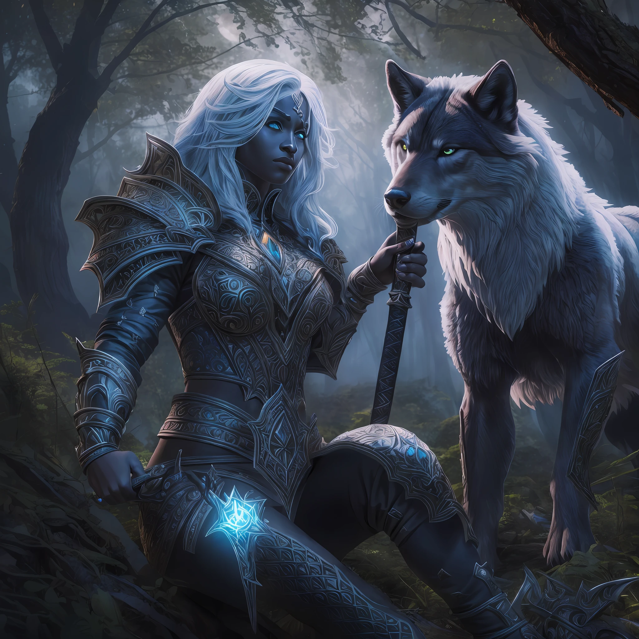 high details, best quality, 8k, [ultra detailed], masterpiece, best quality, (extremely detailed), dynamic angle, ultra wide shot, RAW, photorealistic, fantasy art, dnd art, rpg art, realistic art, a wide angle picture of an epic female drow ranger and her pet wolf,  warrior of nature, fighter of nature, full body, [[anatomically correct]] full body (1.5 intricate details, Masterpiece, best quality) talking to am epic wolf (1.6 intricate details, Masterpiece, best quality) armed with an epic magical sword  (1.5 intricate details, Masterpiece, best quality) epic magical sword, glowing in blue light. in dark forest (1.5 intricate details, Masterpiece, best quality), a female beautiful epic drow wearing leather armor (1.4 intricate details, Masterpiece, best quality), leather boots, thick hair, long hair, white hair, black skin intense eyes, forest  background (intense details), moon light, stars light, clouds (1.4 intricate details, Masterpiece, best quality), dynamic angle, (1.4 intricate details, Masterpiece, best quality) 3D rendering, high details, best quality, highres, ultra wide angle