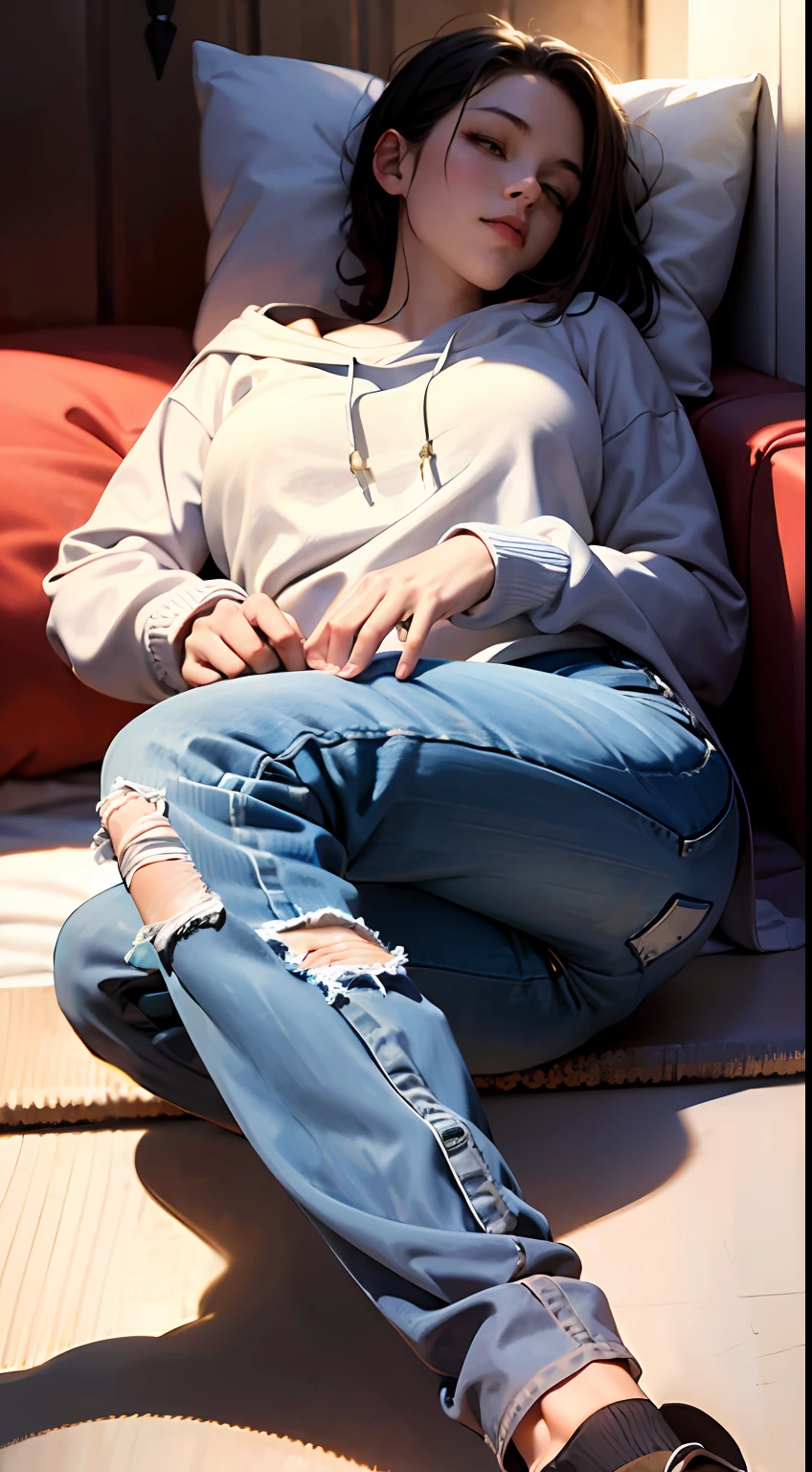 masterpiece, best_quality, 1girl, solo, sleeping, lying on the couch, white sweatshirt, long jeans, socks, perfect face, 4k, HDR, Full HD, HDR, proper lighting, late afternoon,