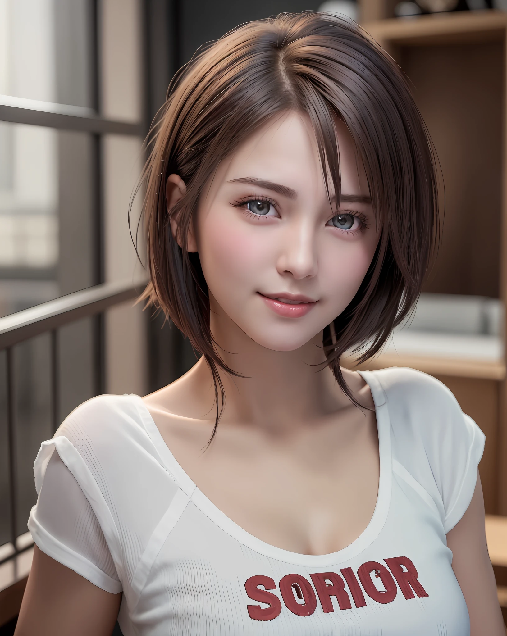 Best Quality, Ultra High Resolution, (Photorealistic: 1.4), Beautiful Eyes, Super Beautiful, Very Short Hair, Beautiful, Sweetheart, T-shirt with Rough Chest, Beautiful Soldier, Eyes That Invite Viewer, Lover's Perspective, Inviting Expression, Sexy Smile, Perfect Style, Perfect Balance, Detailed Skin, Naughty Gaze, Chest Visible