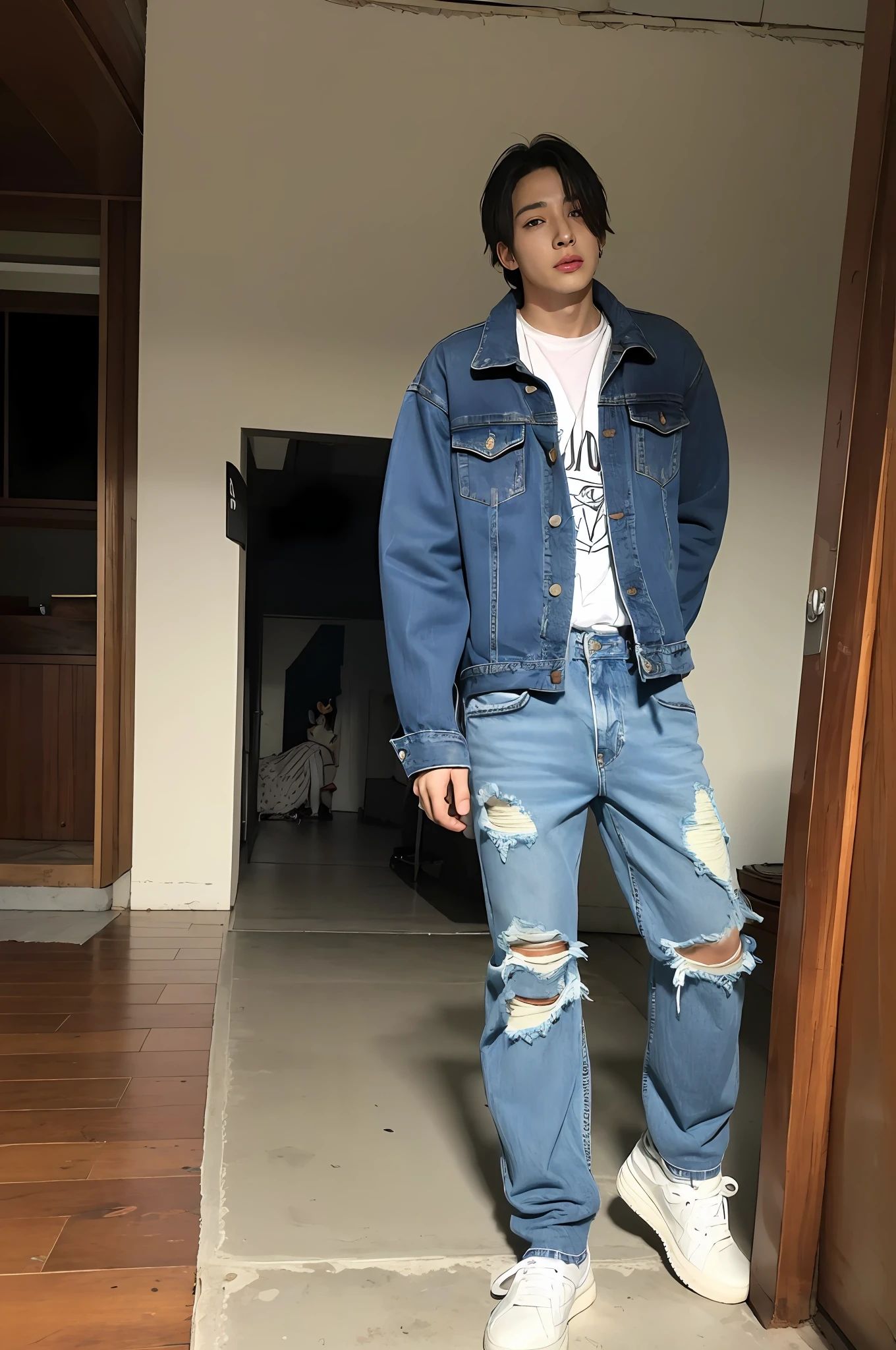 Um garoto coreano , wearing ripped jeans, Torn pants, (Jeans rasgada) (Torn pants), posing for photo shoot , corpo inteiro, fundo liso, jungkook, jungkook taeyang Jimim 1 boy, 1 homem, homem masculino coreano, homem masculino sozinho coreano sozinho, solo, sozinho