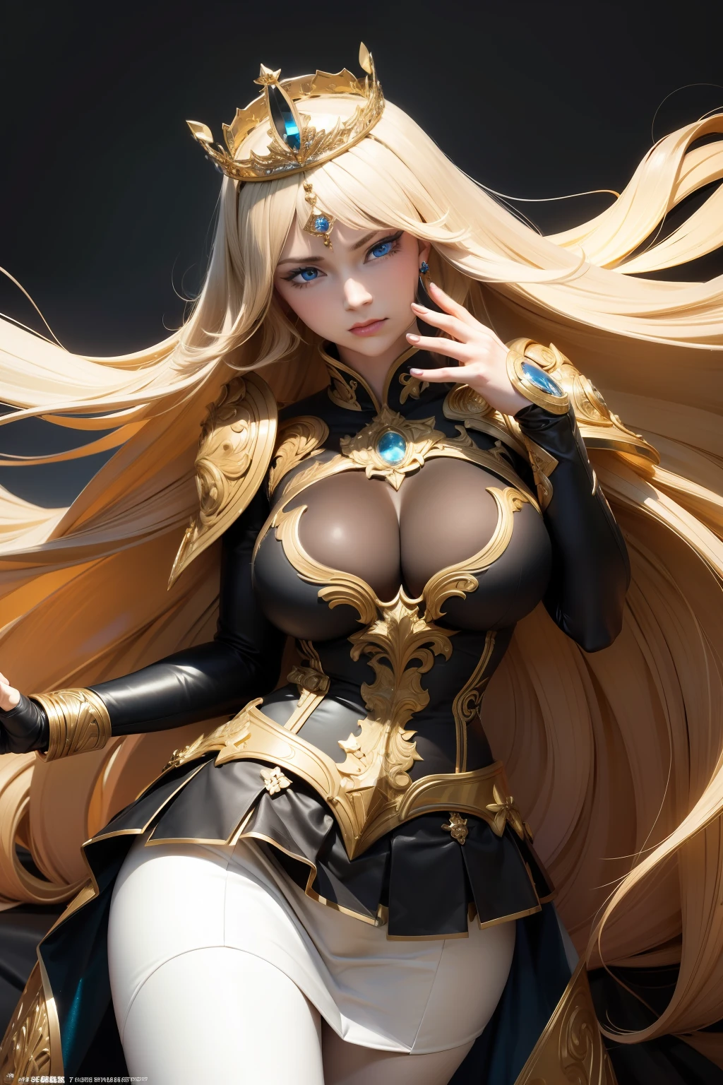 Ultra detailed, Masterpiece, Best quality, Photorealistic,Mighty and domineering,tiara crown,Royal Sister,Superskirt,blacksilk,white  skirt,Black  top,blonde with blue eyes,Big breasts are tight,Five fingers of the hand