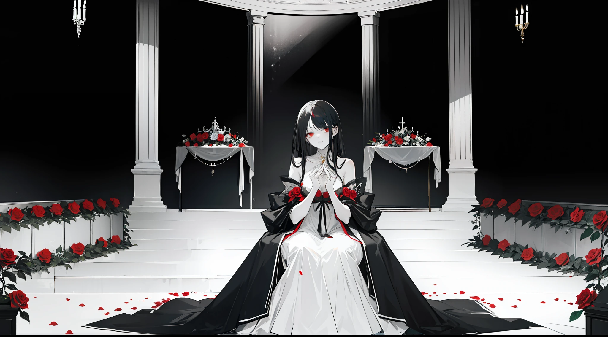 "Monochromatic. Elegant mature woman with black hair sitting in the middle of the altar, red roses surround her covering her pale skin. She had died hundreds of years ago, but her body was still intact. (Monochromatic:1:1)"
