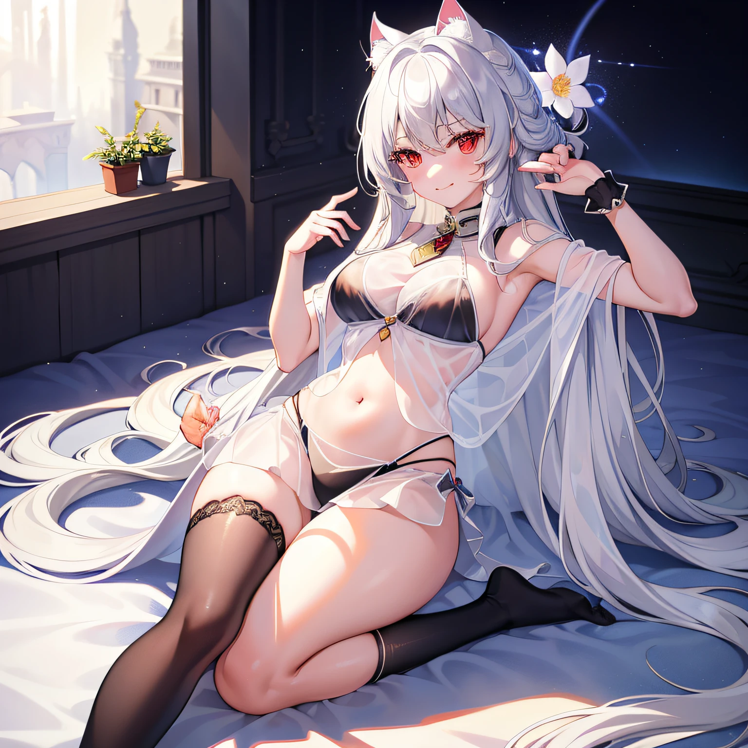 (Masterpiece), (Best quality), full bodyesbian,Simple background, 1girll,Shiny hair,White hair, White cloak, ((See-through)),navel,Light smile,detective theme,((black sock)), in flower,black_Bikini ,navel，cat ear, Long hair， Red eyes，(Gushki thighs:1.2)